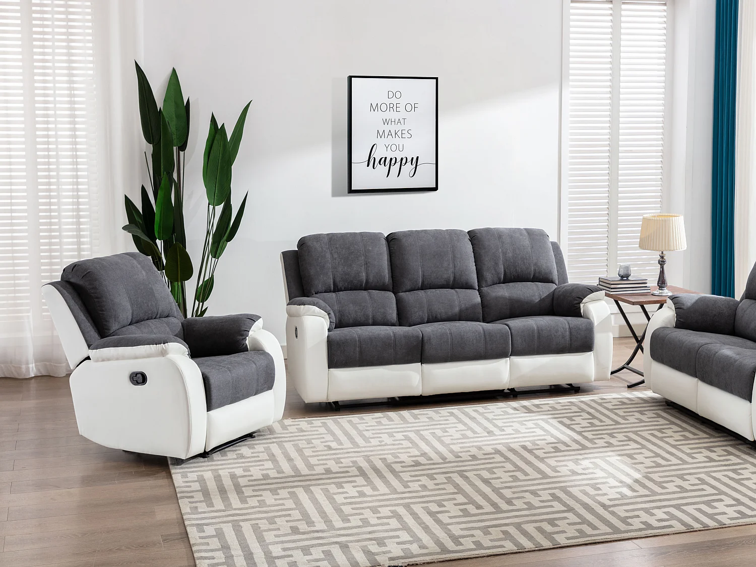 Kanapa 3-osobowa i fotel z funkcją relax z mikrofibry i ekoskóry Kolor szary i biały BRODY 588417 - obrazek 1