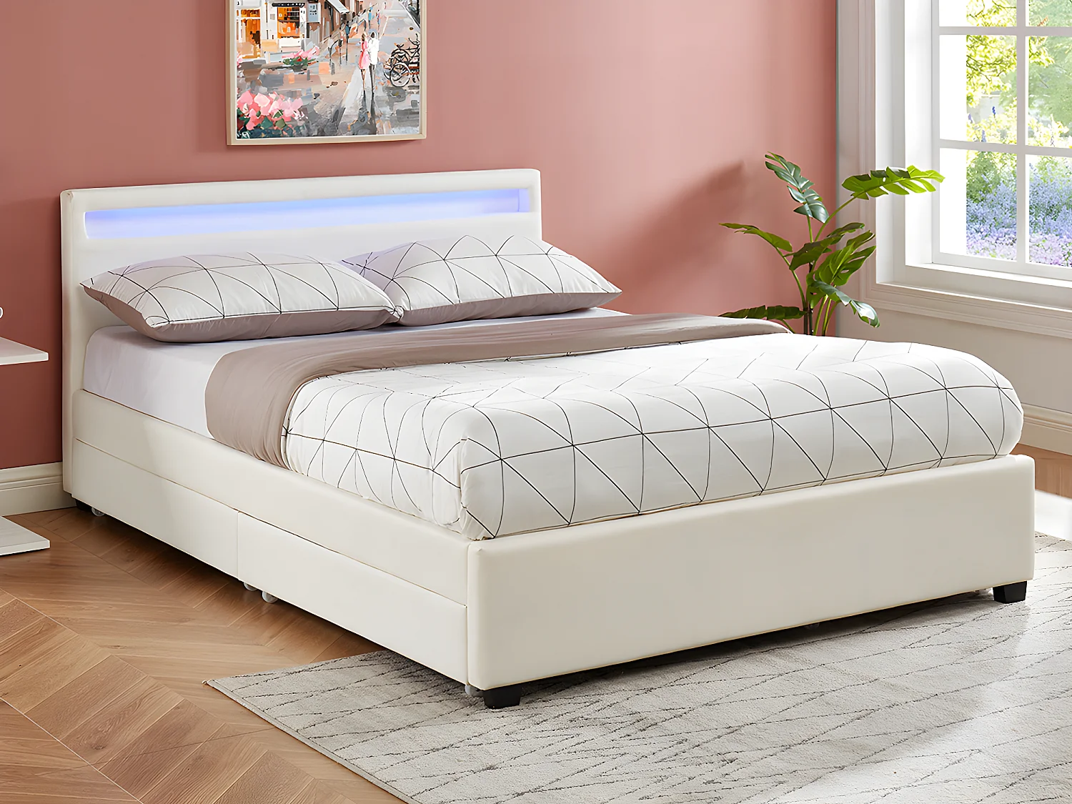 Łóżko 140 × 190 cm z ze skrzynią – ekoskóra białe z oświetleniem LED + Materac – ALOIS II 791557
