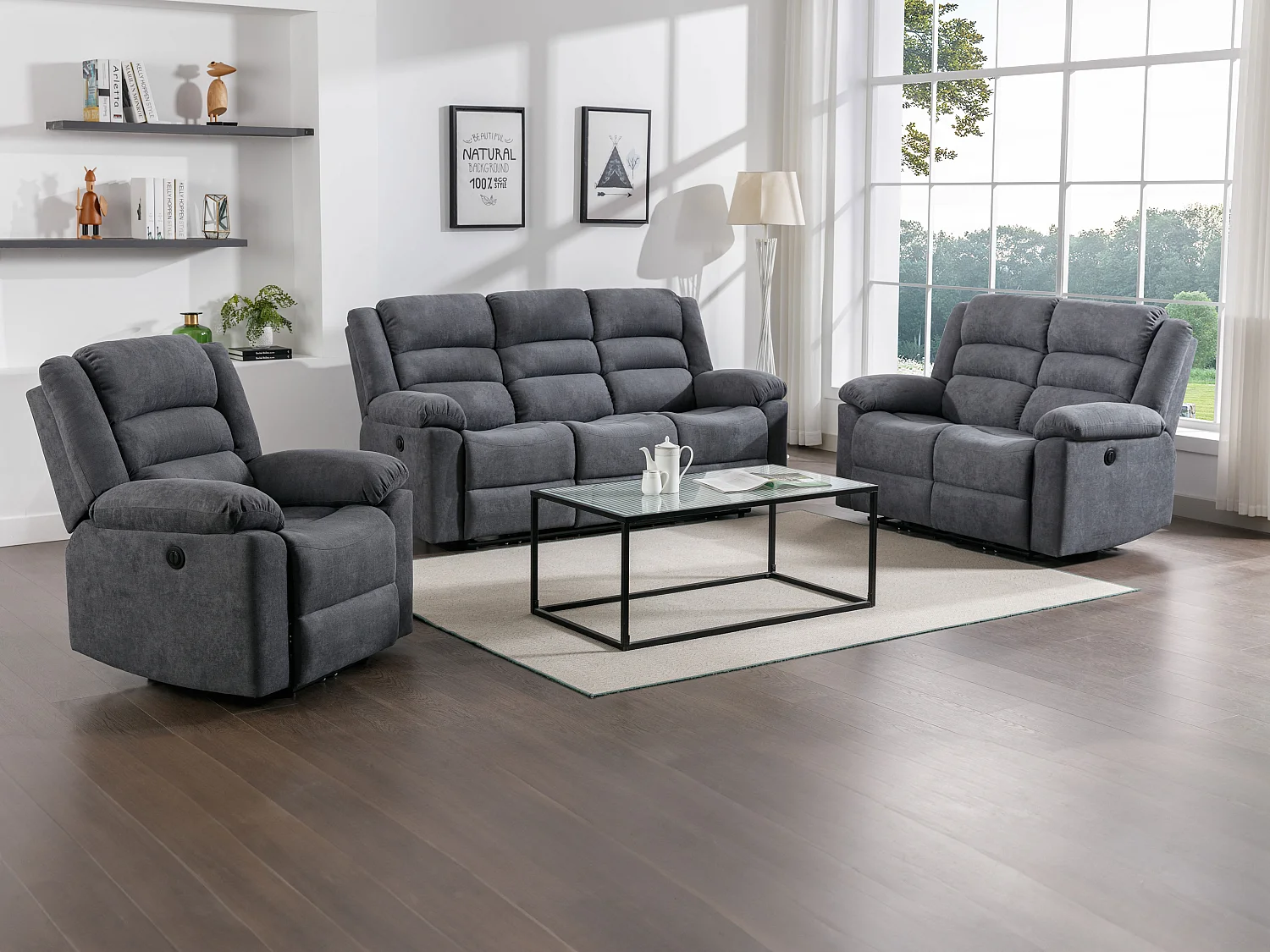 Kanapa 3 osobowa, 2 osobowa i fotel z funkcją relax elektryczny z szarą tapicerką - BUROLO 1288309 - obrazek 1