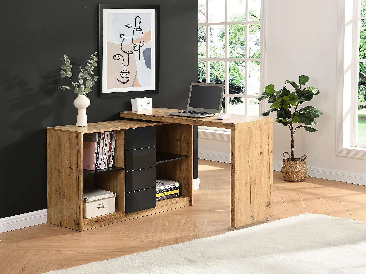 Biurko rozkładane z obrotowym blatem 360° – MDF – Naturalne i czarne – PAVELO 573129