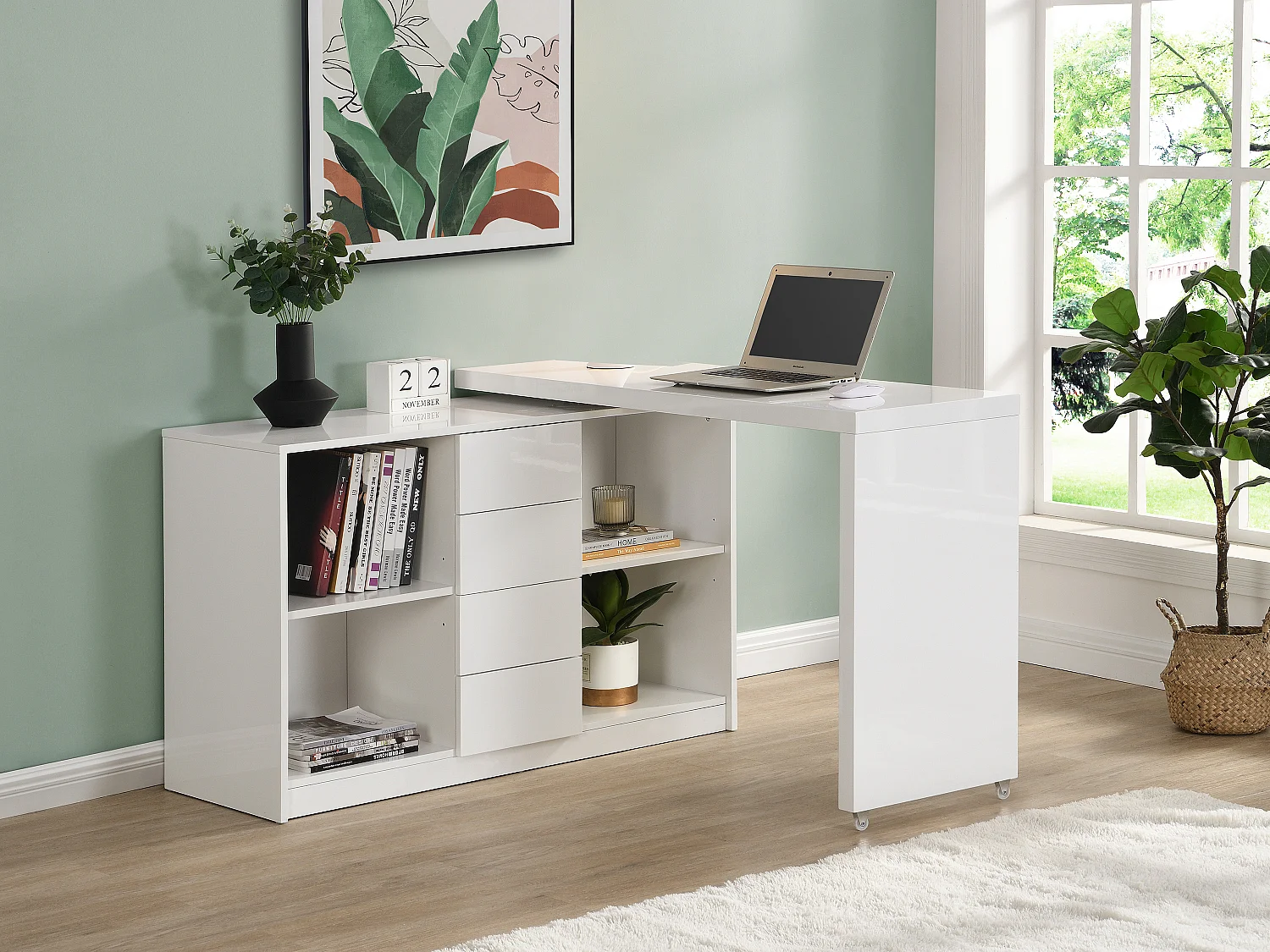 Biurko rozkładane z obrotowym blatem 360° – MDF – Lakierowany na biało – PAVELO 612907