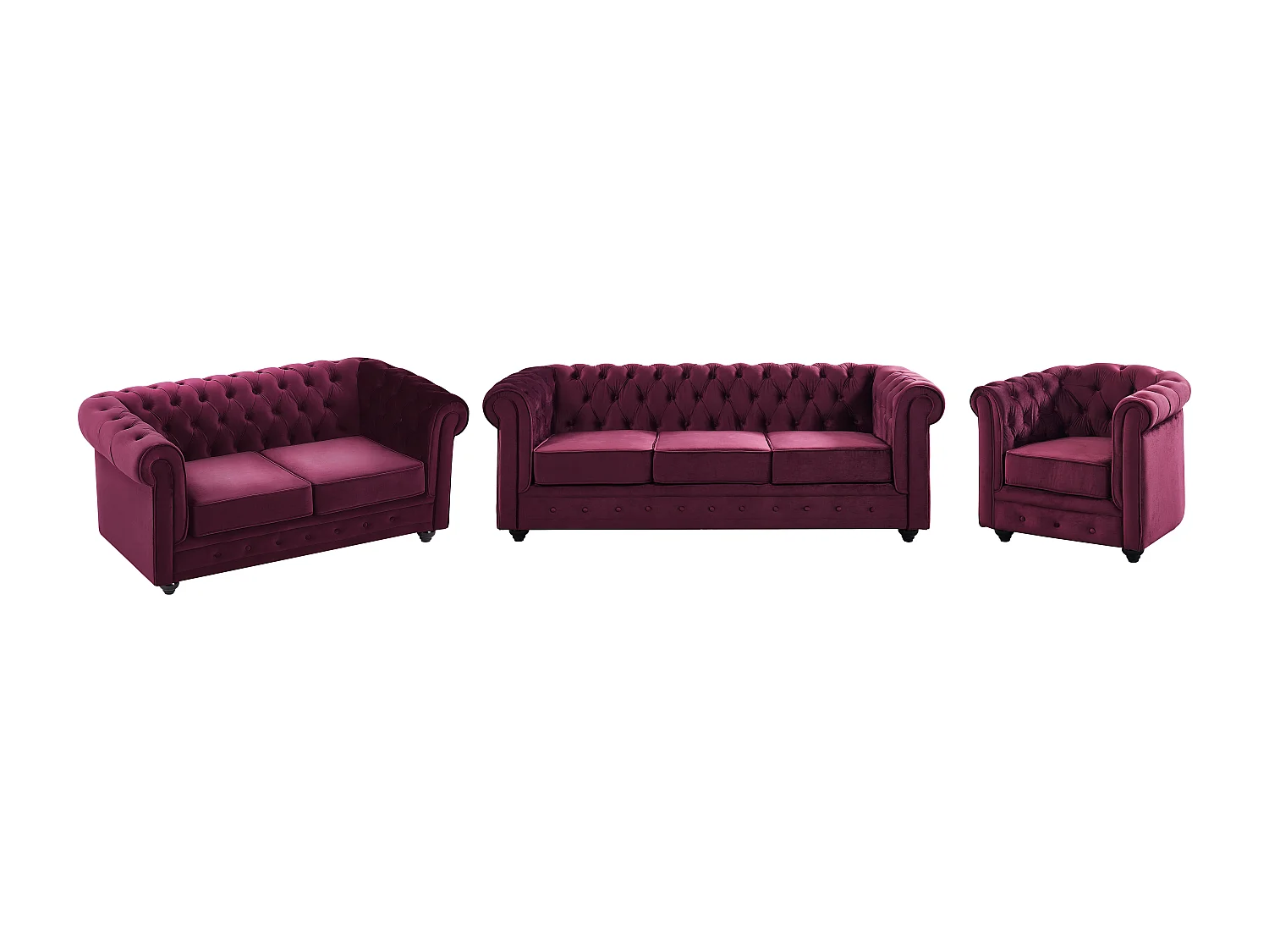 Kanapy 3 osobowe, 2 osobowe i fotel z bordowego weluru - CHESTERFIELD 1572697 - obrazek 1