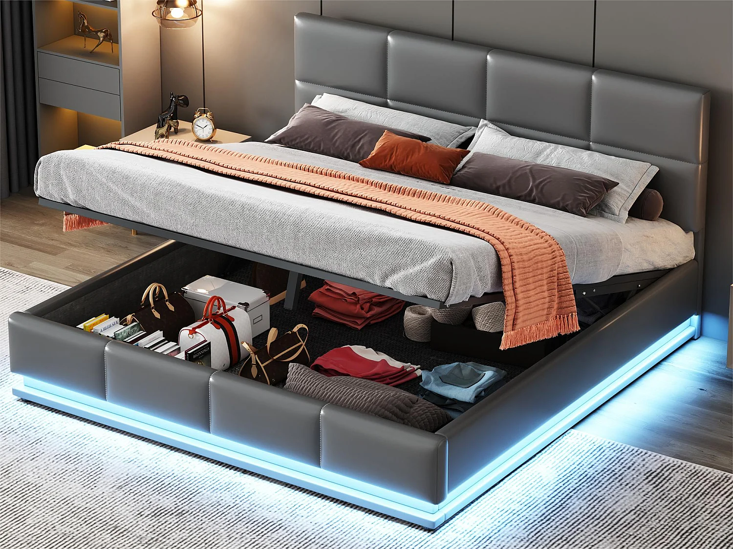 Łóżko 160x200cm z ekoskóry z LED + stelaż z listew + regulowane wezgłowie - Szare 1590425 - obrazek 1