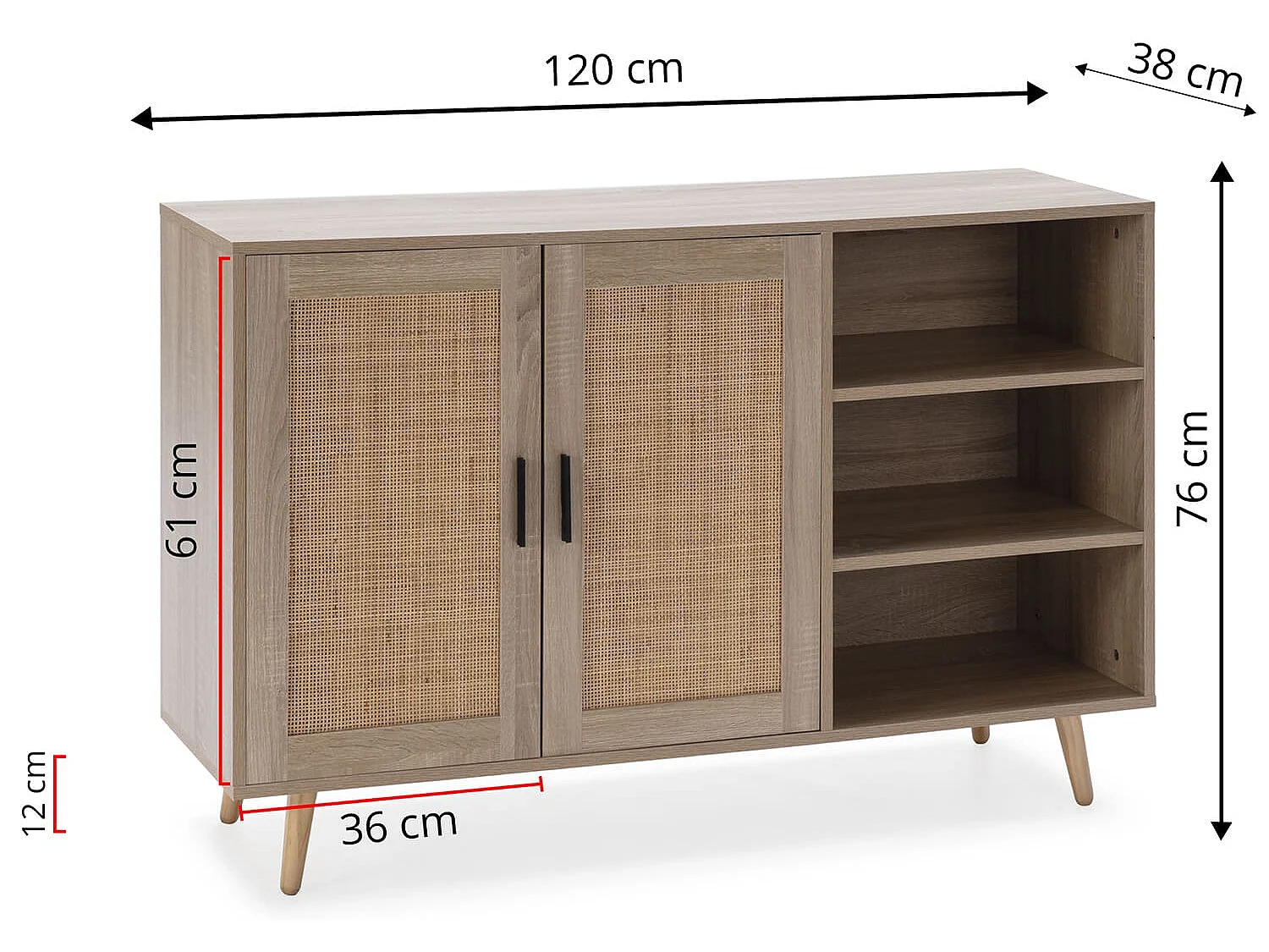 Bufet kolumnowy Dalia z 2 drzwiami i 3 wnękami, kolor dąb, długość 120 cm. 580337