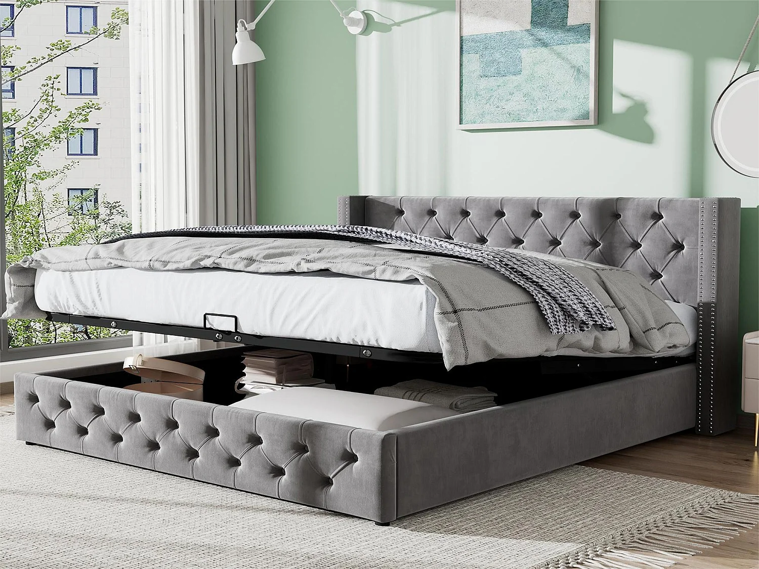 Łóżko 140x190cm z weluru z stelażem na listwy – Szare 1398873
