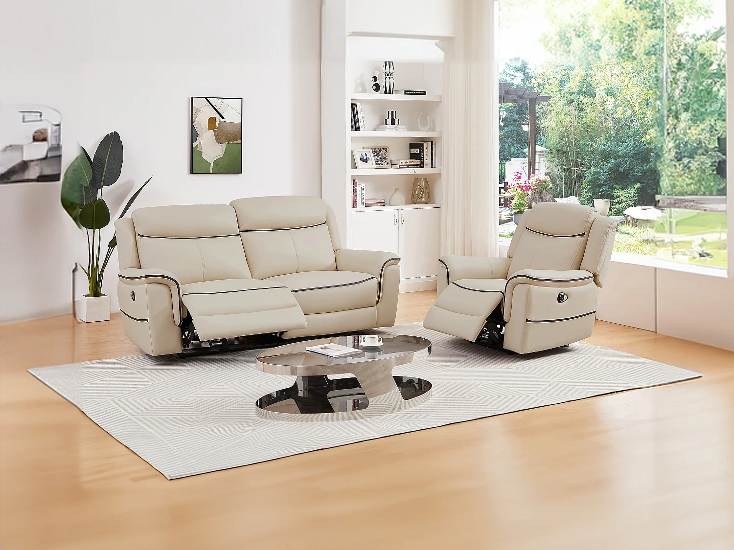 Kanapa 3-osobowa i fotel z elektryczną funkcją relax z beżowej skóry - ADELIO 1814711 - obrazek 1