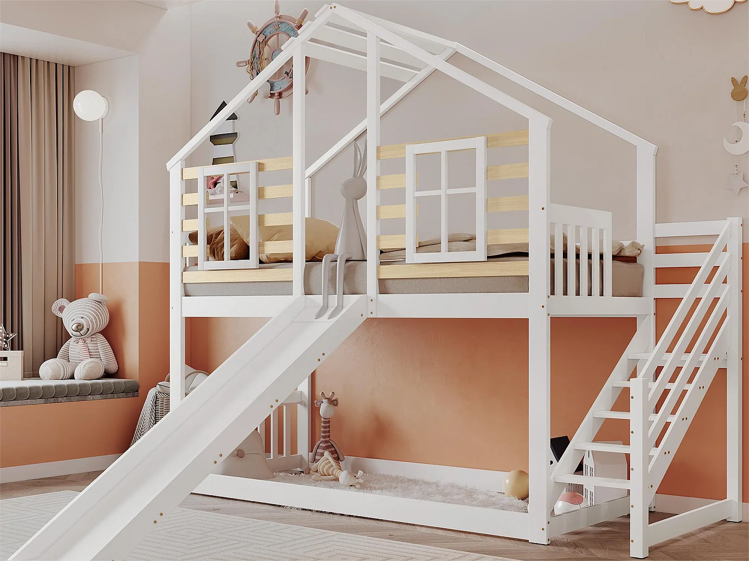 Łóżka piętrowe dla dzieci 2x90x200cm, rama z litego drewna, dekoracja okna, ze zjeżdżalnią i stelażem z listew, białe 1884259