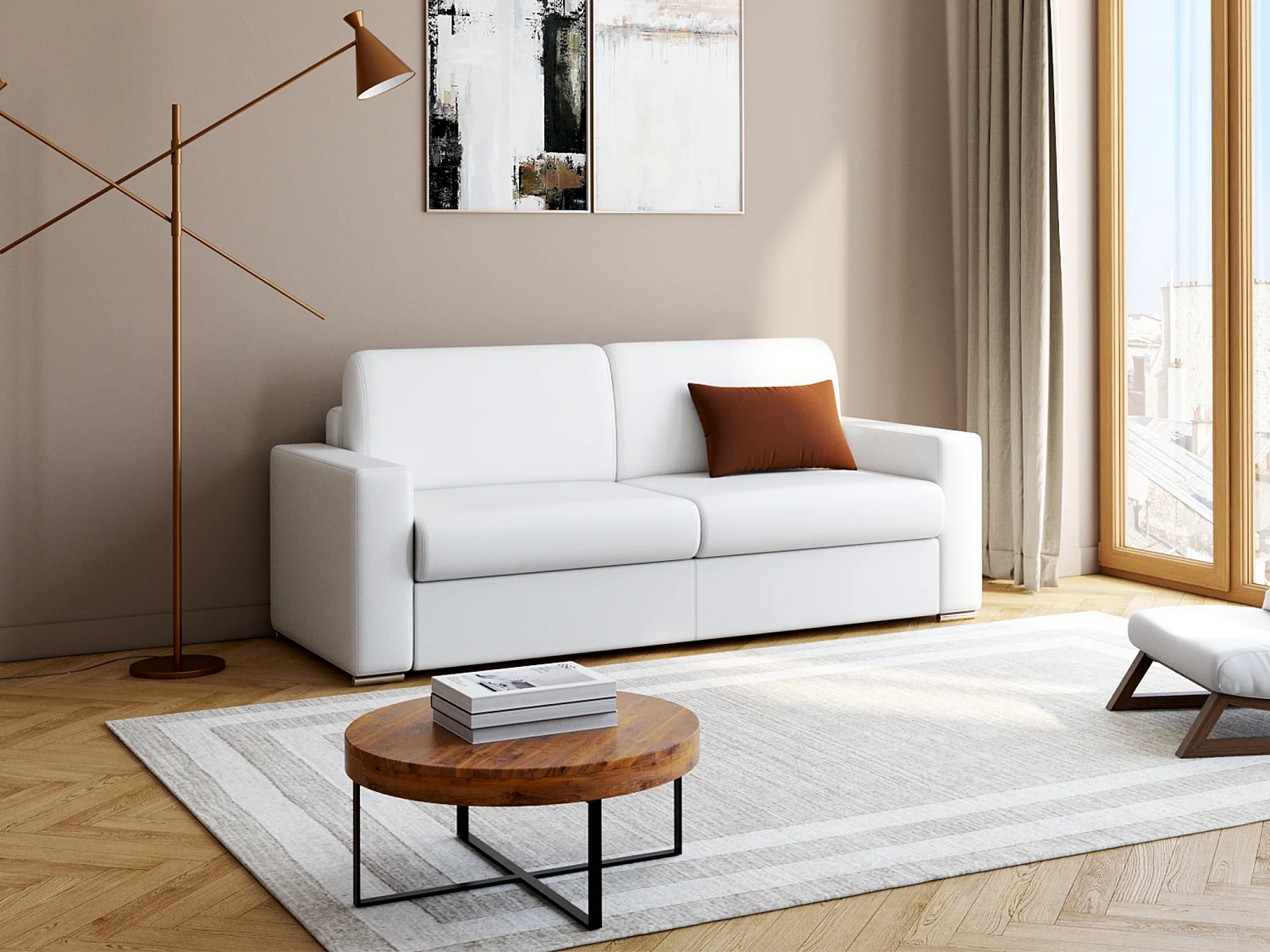 Kanapa 4-osobowa z ekspresowym mechanizmem rozkładania z ekoskóry CALITO - Biały - Wymiary miejsca do spania: 160 cm - Materac 14 cm z pamięcią kształtu 130173 - obrazek 1