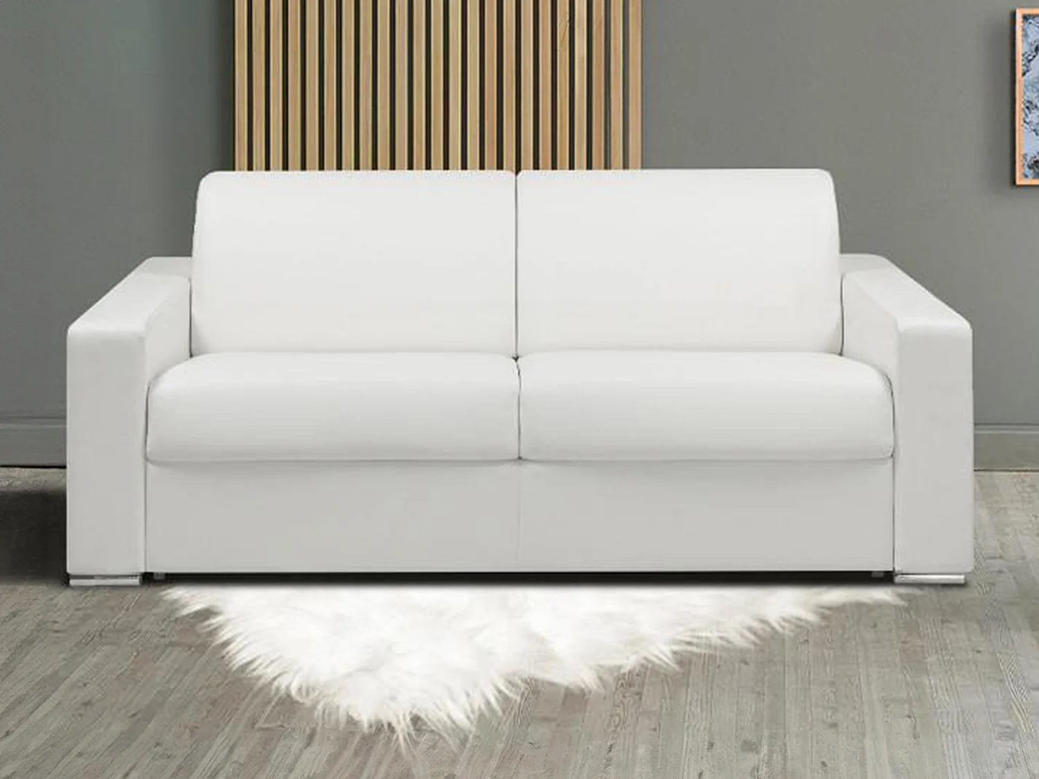 Kanapa 2-osobowa z ekspresowym mechanizmem rozkładania z ekoskóry CALITO - Biały - Wymiary miejsca do spania: 120 cm - Materac 14 cm z pamięcią kształtu 130093 - obrazek 1