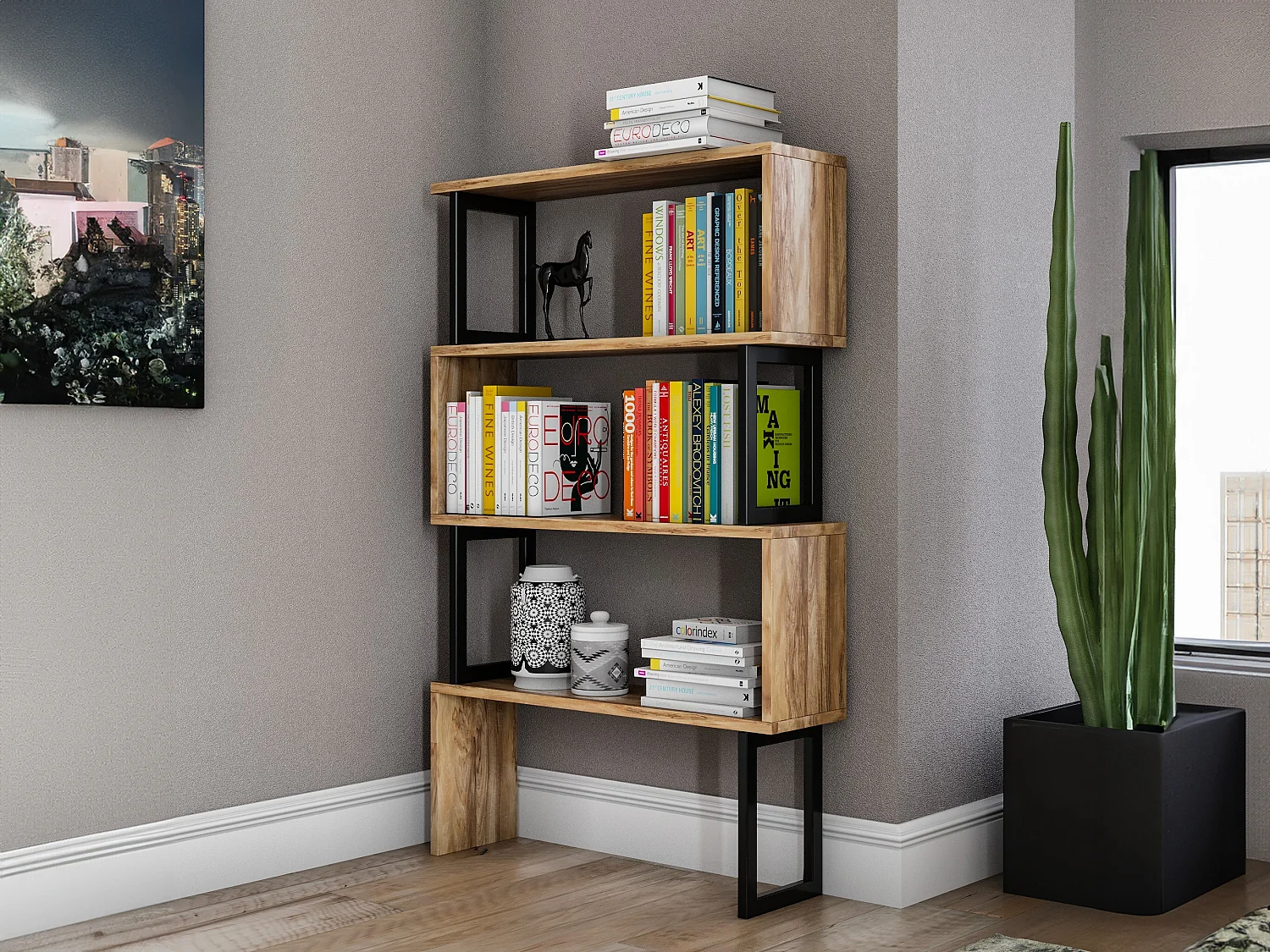 Biblioteczka metalowa z 3 półkami – Naturalny jasny i Czarny – ROVENI 1727961