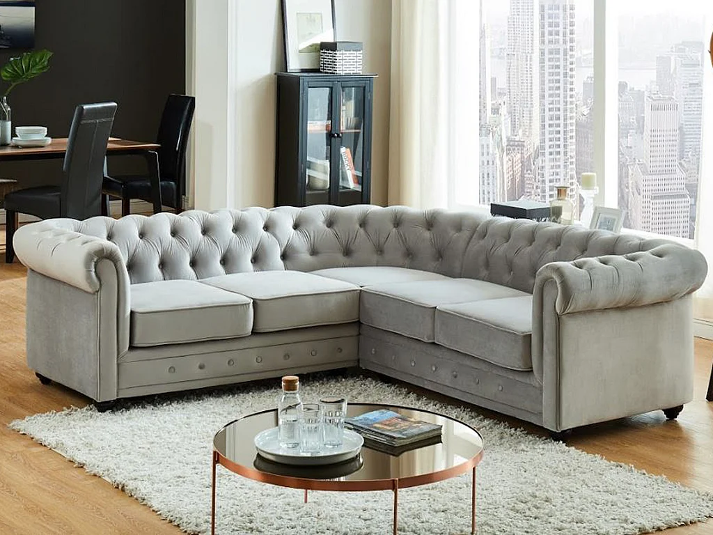 Kanapa narożna z weluru CHESTERFIELD - Srebrnoszary 93199 - obrazek 1