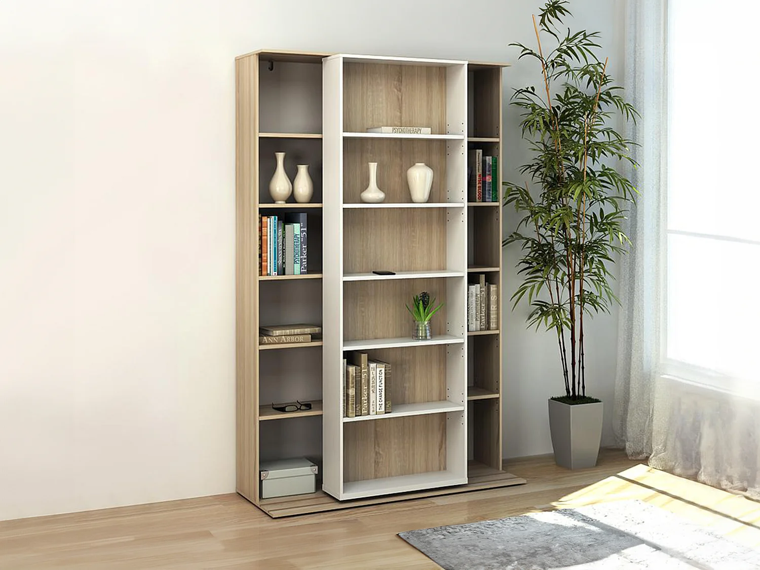 Biblioteczka przesuwna PRALI – 18 wnęk – kolor biały i dębowy 127157