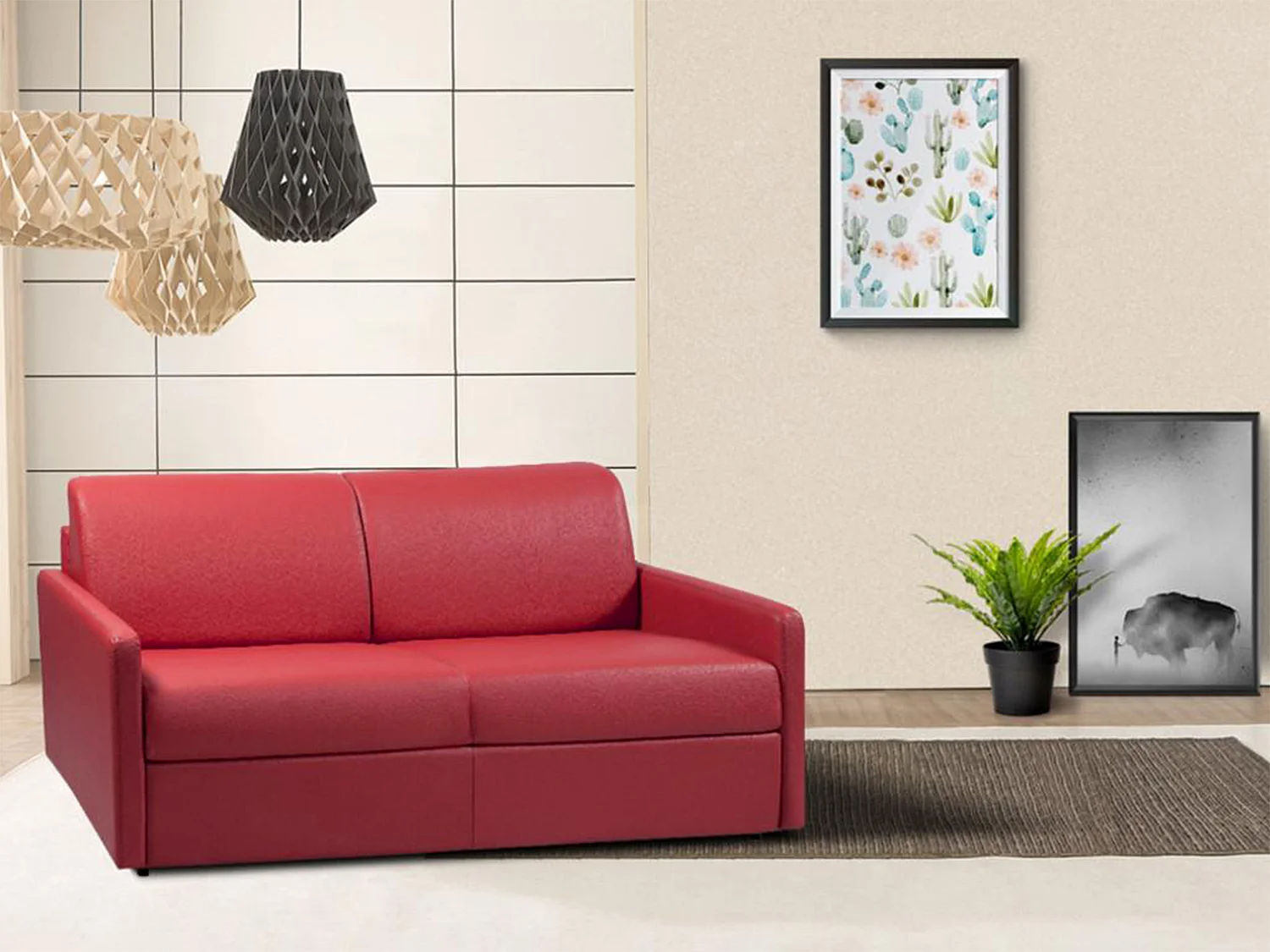 Kanapa 3-osobowa rozkładana typu expres z ekoskóry CALIFE - Czerwony - Miejsce do spania 140 cm - Materac 14 cm 129409 - obrazek 1