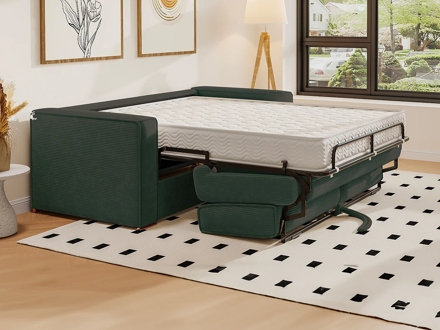 Kanapa 4-osobowa rozkładana typu express z zielonego weluru sztruksowego i z siedziskiem z pianki z pamięcią kształtu – Powierzchnia do spania 160 cm – Materac 22 cm z siedziskiem z pianki z pamięcią kształtu LORETO 2627833