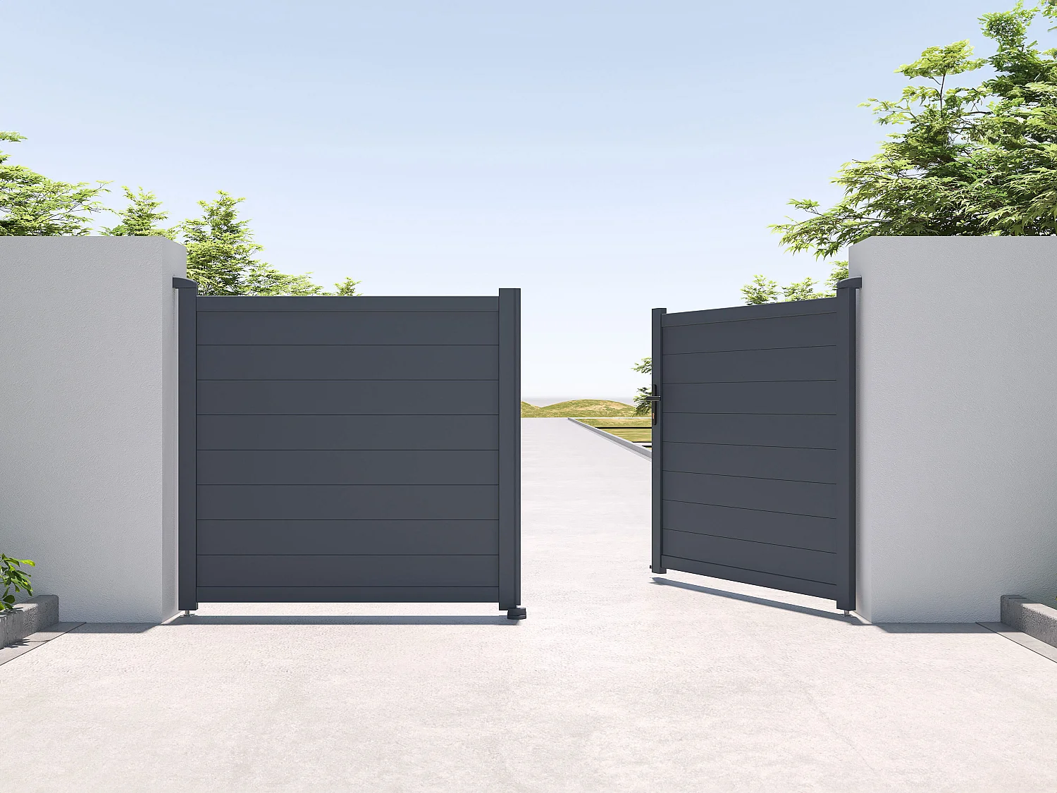 Brama rozwierna pełna z antracytowego aluminium szer. 305 x wys. 150 cm – NAZARIO 1356321