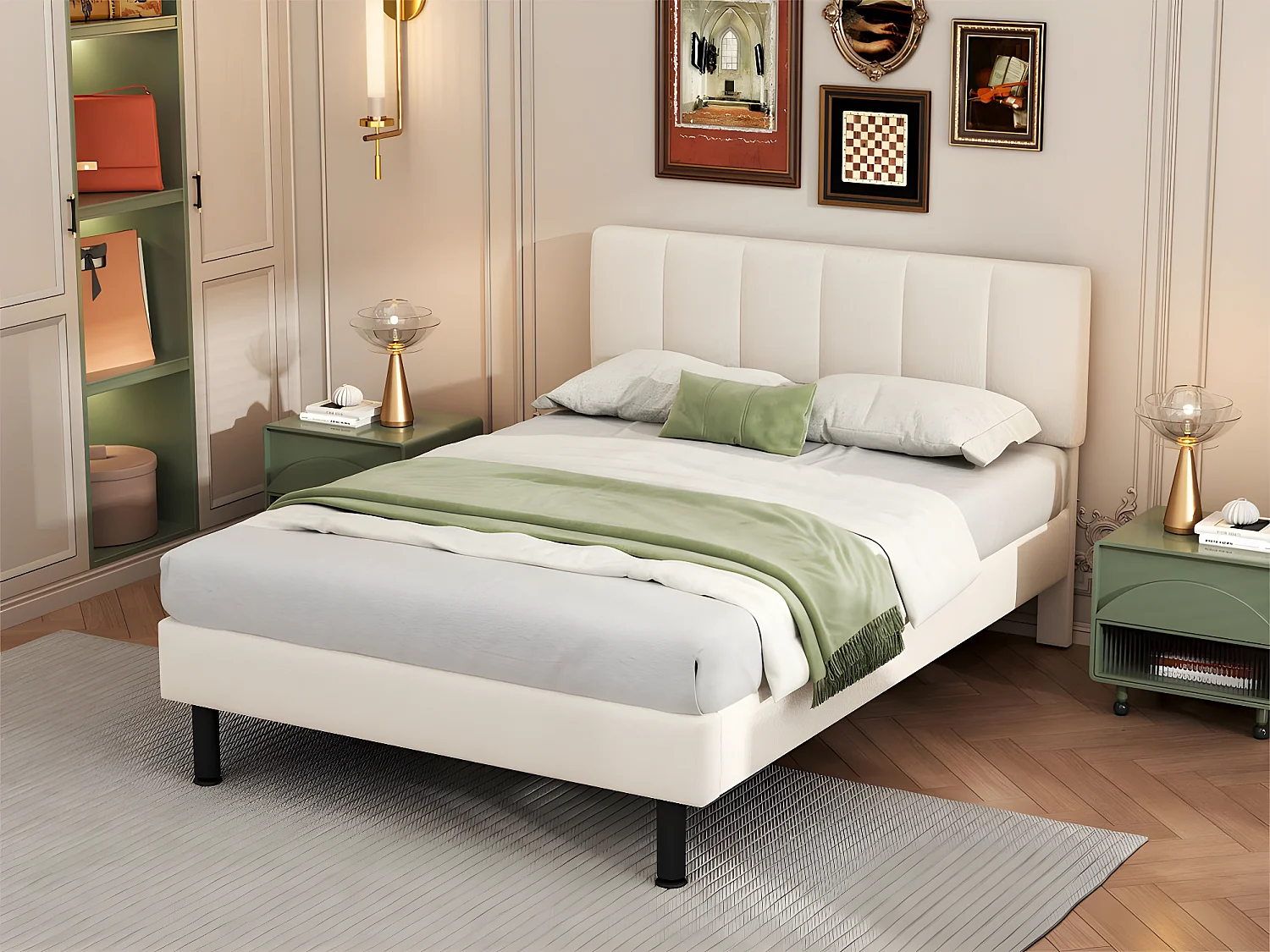 Łóżko 140x190cm tapicerowane w sherpa – z stelażem na listwy – Beżowe 2734579