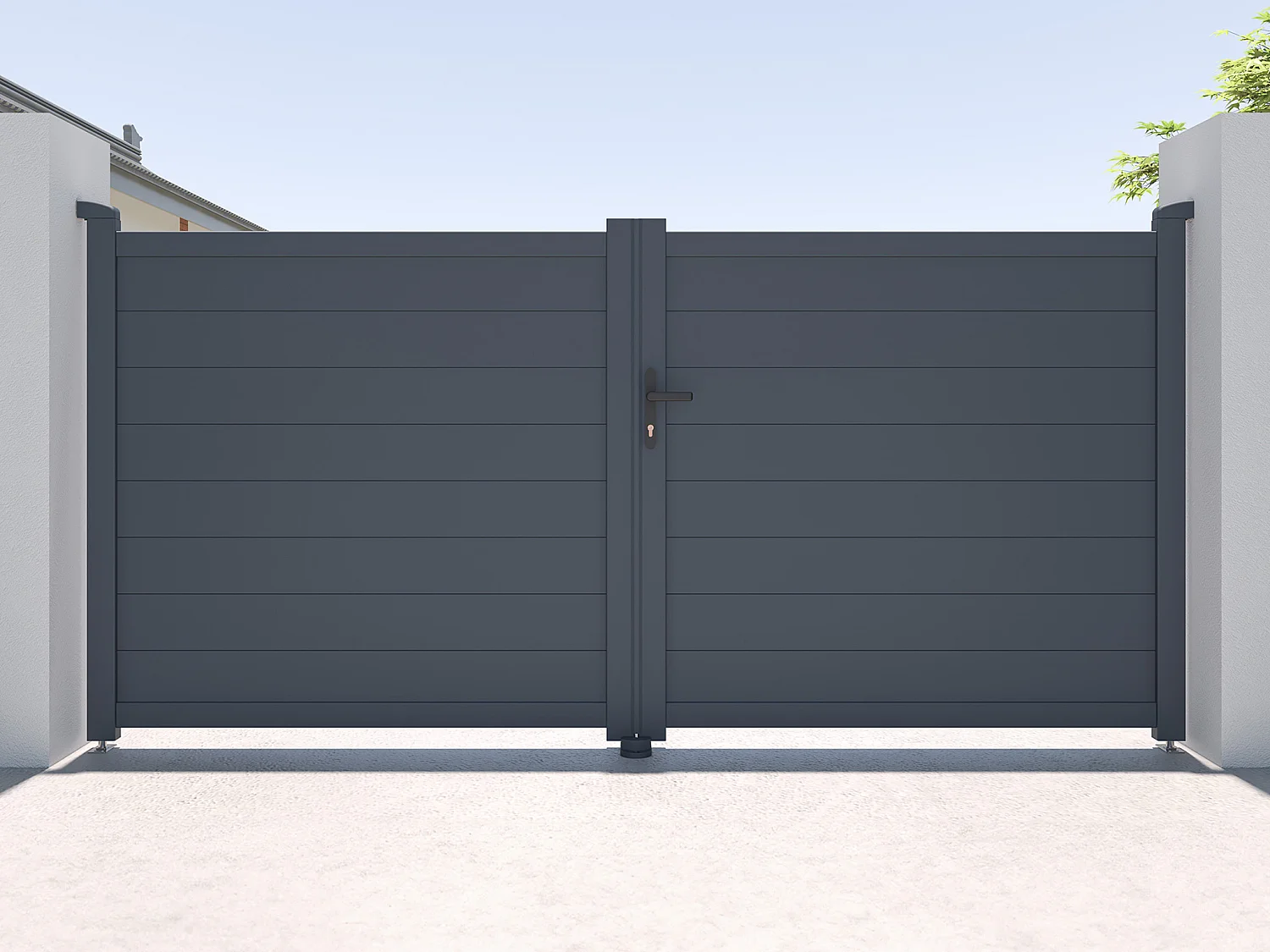 Brama elektryczna rozwierna pełna z antracytowego aluminium szer. 305 x wys. 150 cm – NAZARIO 2740795