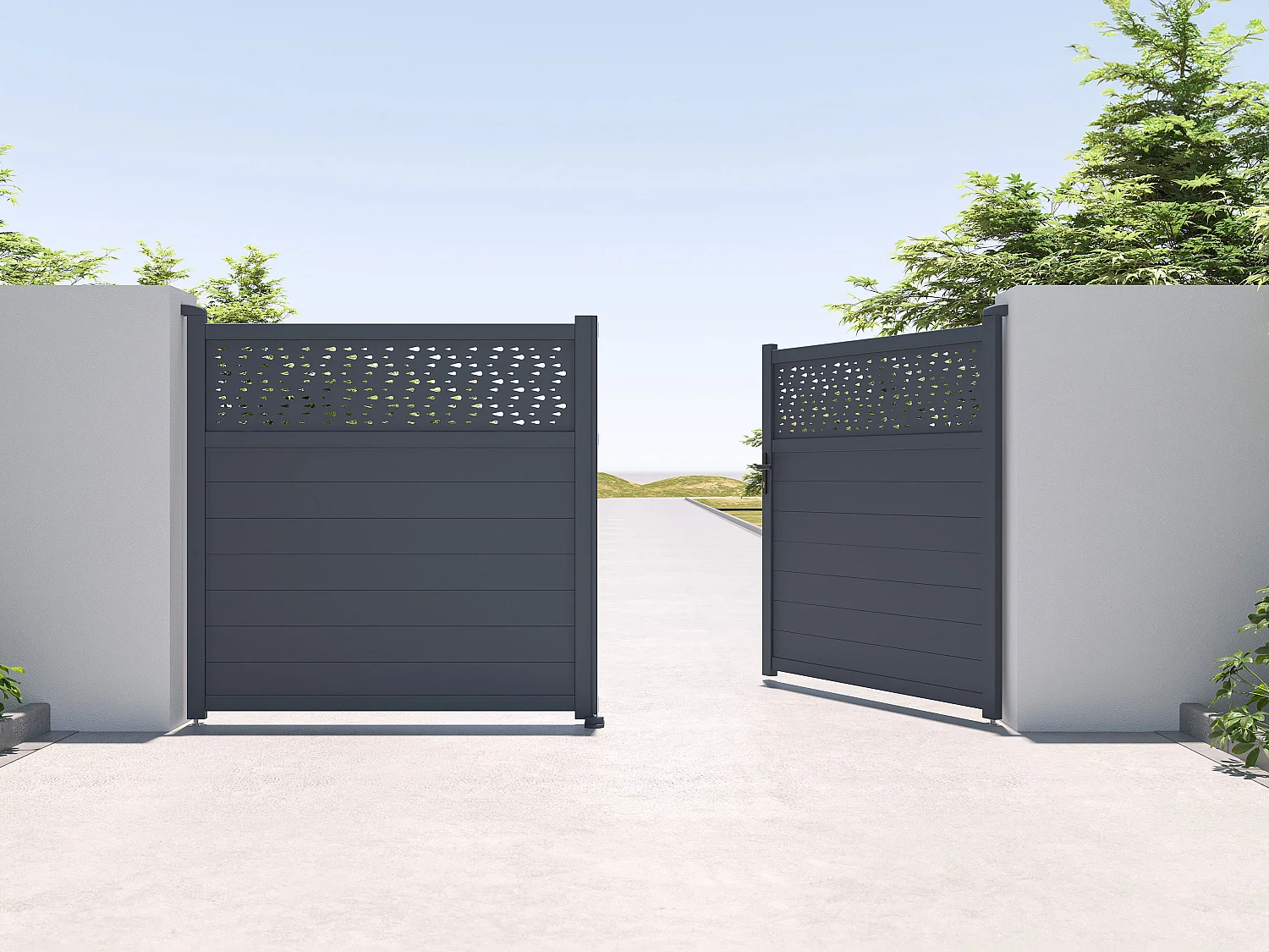 Brama elektryczna rozwierna półpełna z antracytowego aluminium z wzorem szer. 355 x wys. 182 cm – BAZIO 2740807