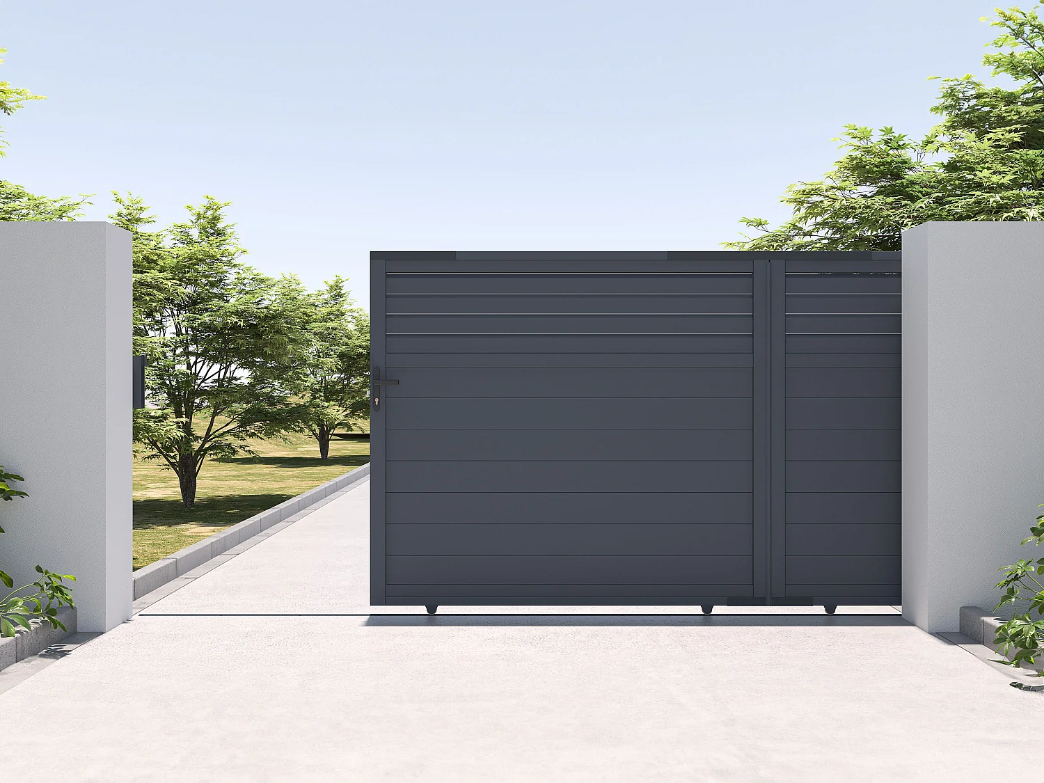 Brama przesuwna żaluzjowa z antracytowego aluminium szer. 416 x wys. 180 cm – VIAZO 1356571