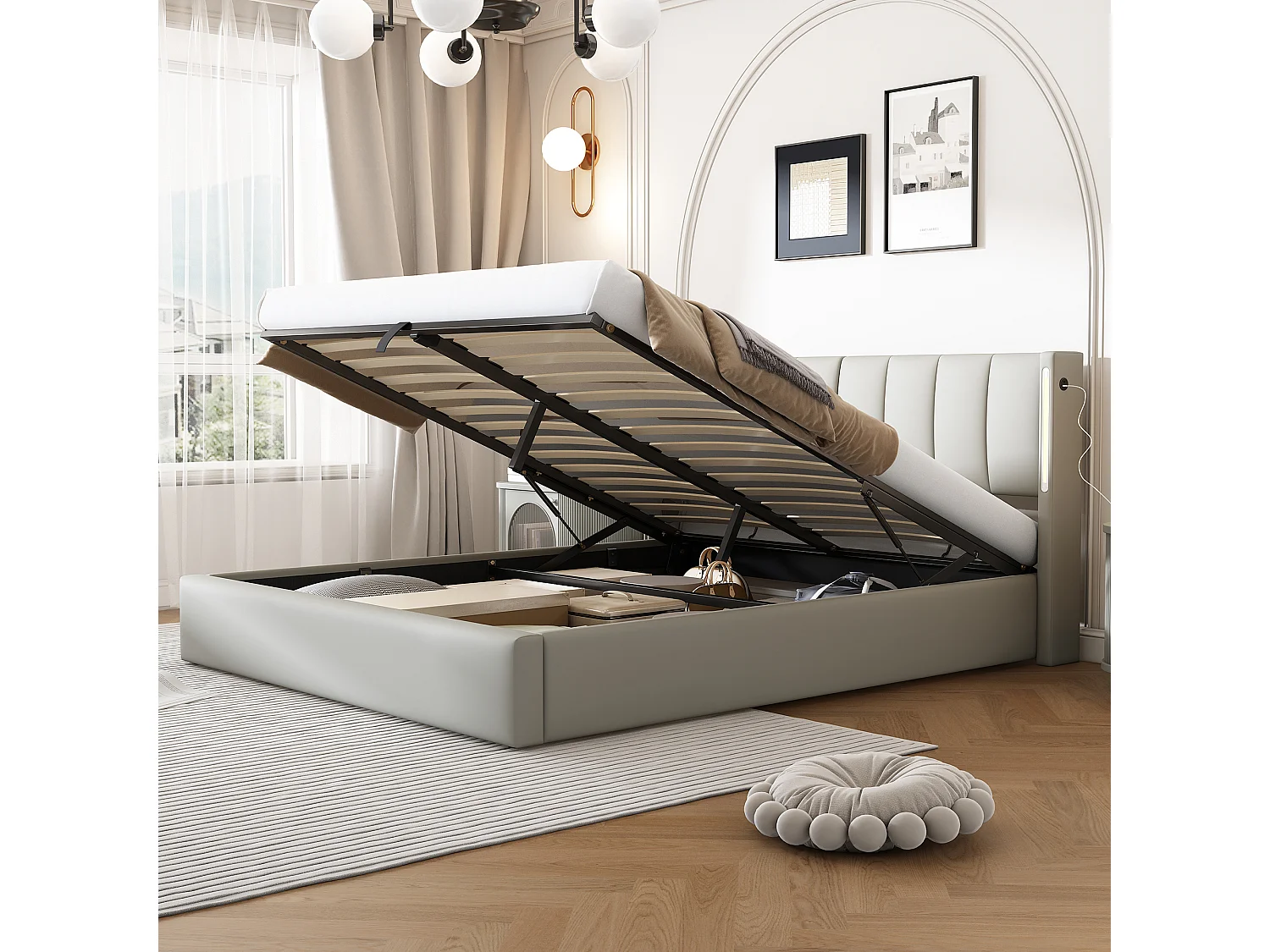 Łóżko binauralne z regulowanym zagłówkiem i schowkiem - 160 x 200 cm - skóra ekologiczna - diody LED i USB - stelaż z listew - szary 2747885 - obrazek 1