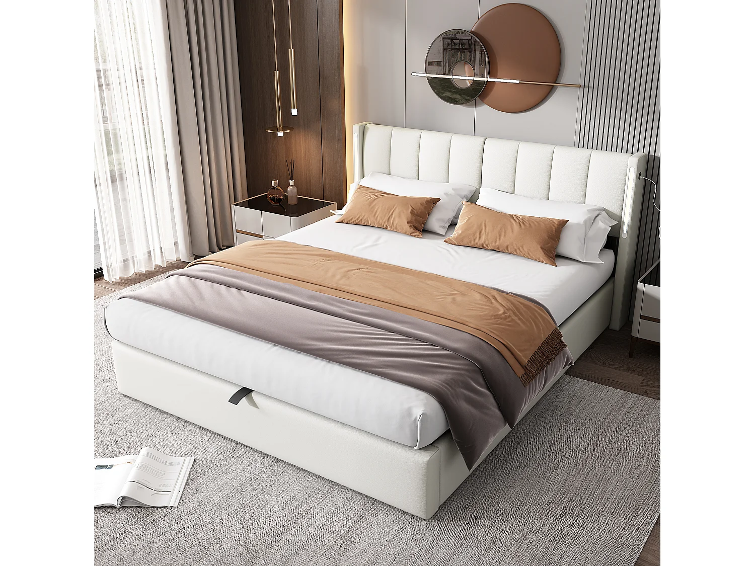 Łóżko binauralne z regulowanym zagłówkiem i schowkiem - 180 x 200 cm - skóra ekologiczna - diody LED i USB - stelaż z listew - biały 2747887 - obrazek 1