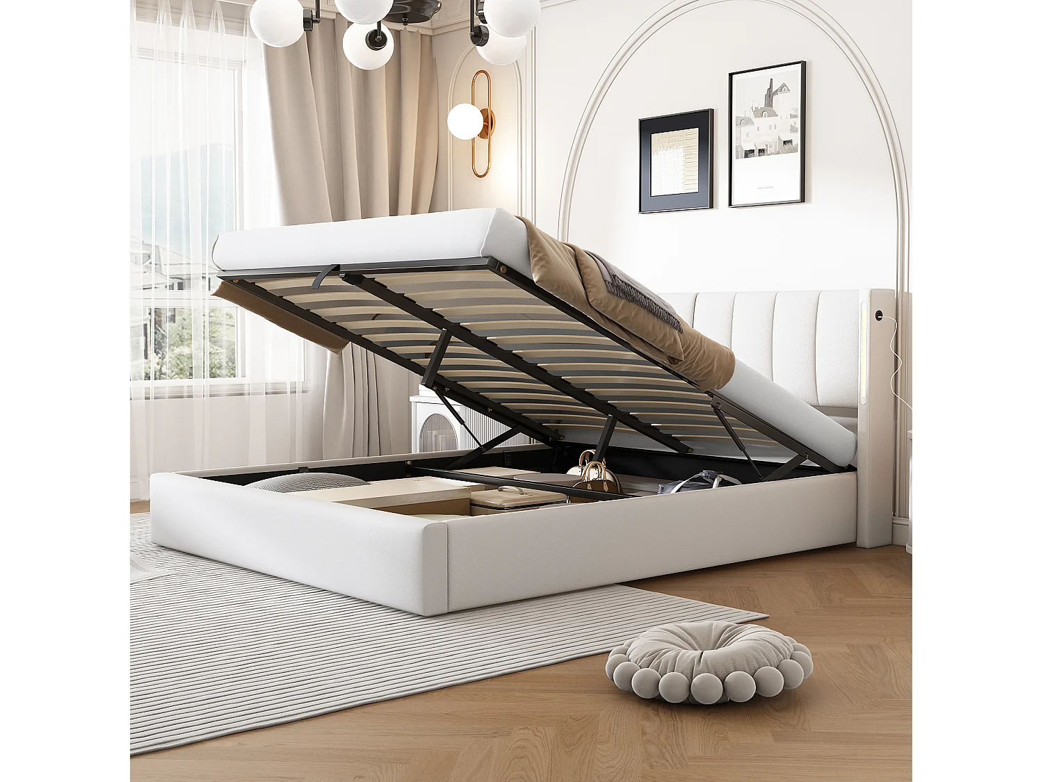 Łóżko binauralne z regulowanym zagłówkiem i schowkiem - 160 x 200 cm - skóra ekologiczna - diody LED i USB - stelaż z listew - biały 2747895 - obrazek 1