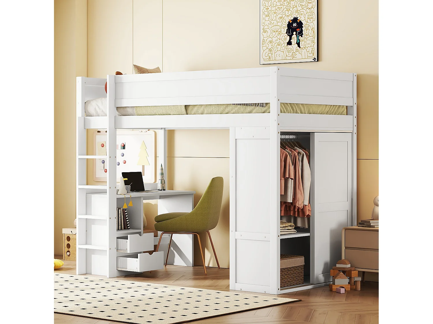 Łóżko antresola 90 x 200 cm z biurkiem + 2 szuflady - Szafa z drzwiami przesuwnymi - Drewno MDF - Biały 2870426 - obrazek 1