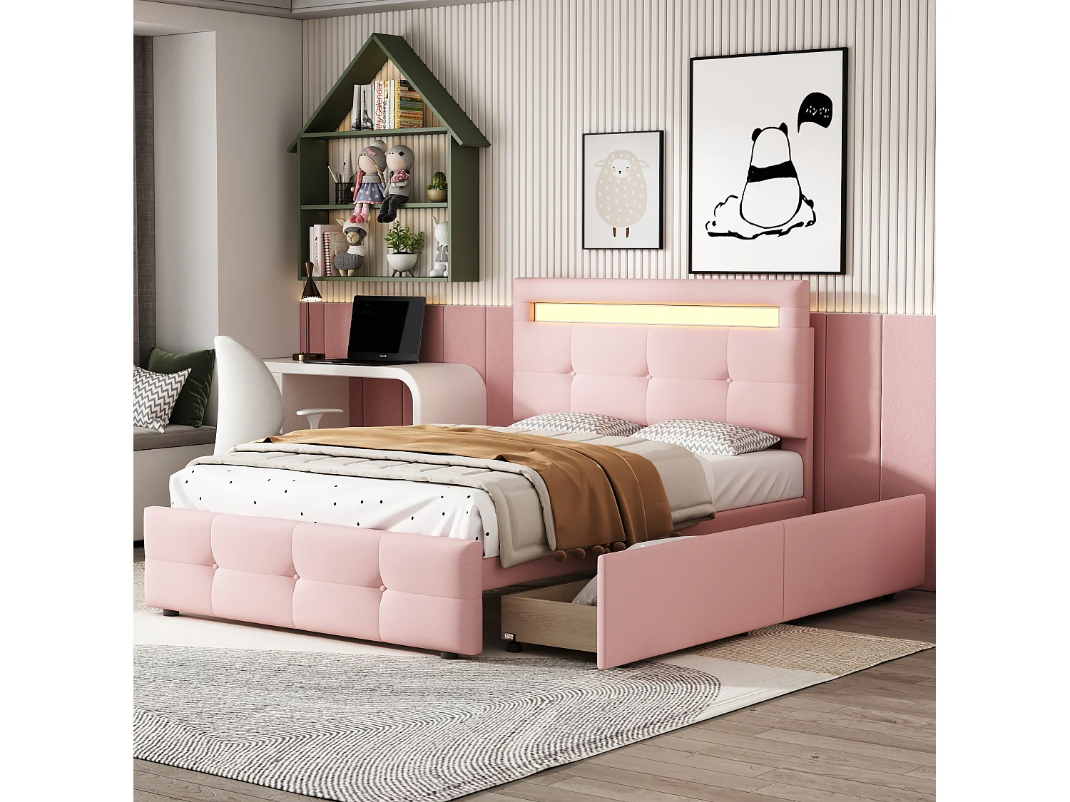Łóżko 90x200 cm - Łóżko dziecięce z oświetleniem LED i szufladami - różowy len - bez materaca 2911197 - obrazek 1