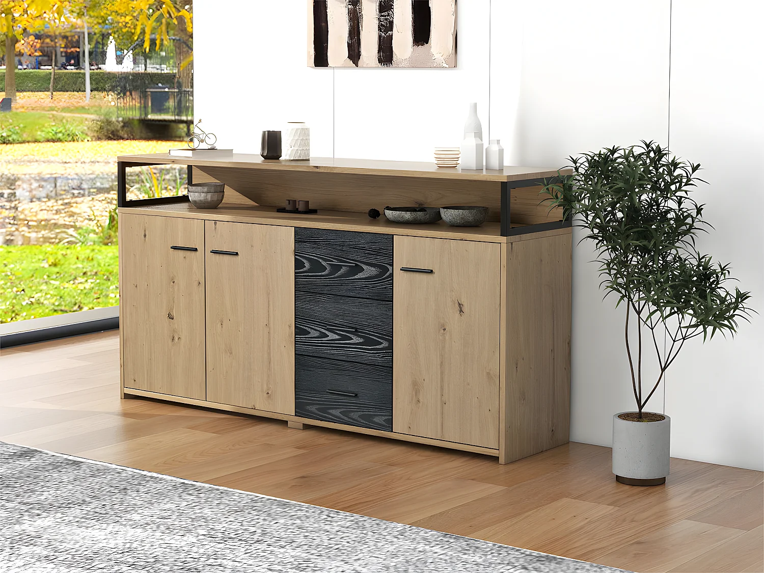 Bufet niski – 3 drzwi i 3 szuflady – styl industrialny – Naturalny i Czarny 1544017