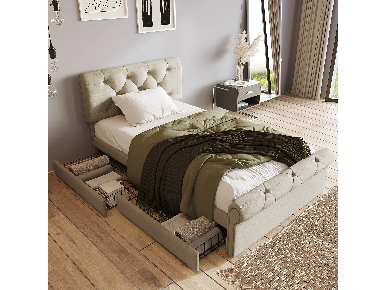 Łóżko 90 x 200 cm z wezgłowiem + 2 szuflady - tkanina lniana - kolor naturalny - Chesterfield 3039855 - obrazek 1