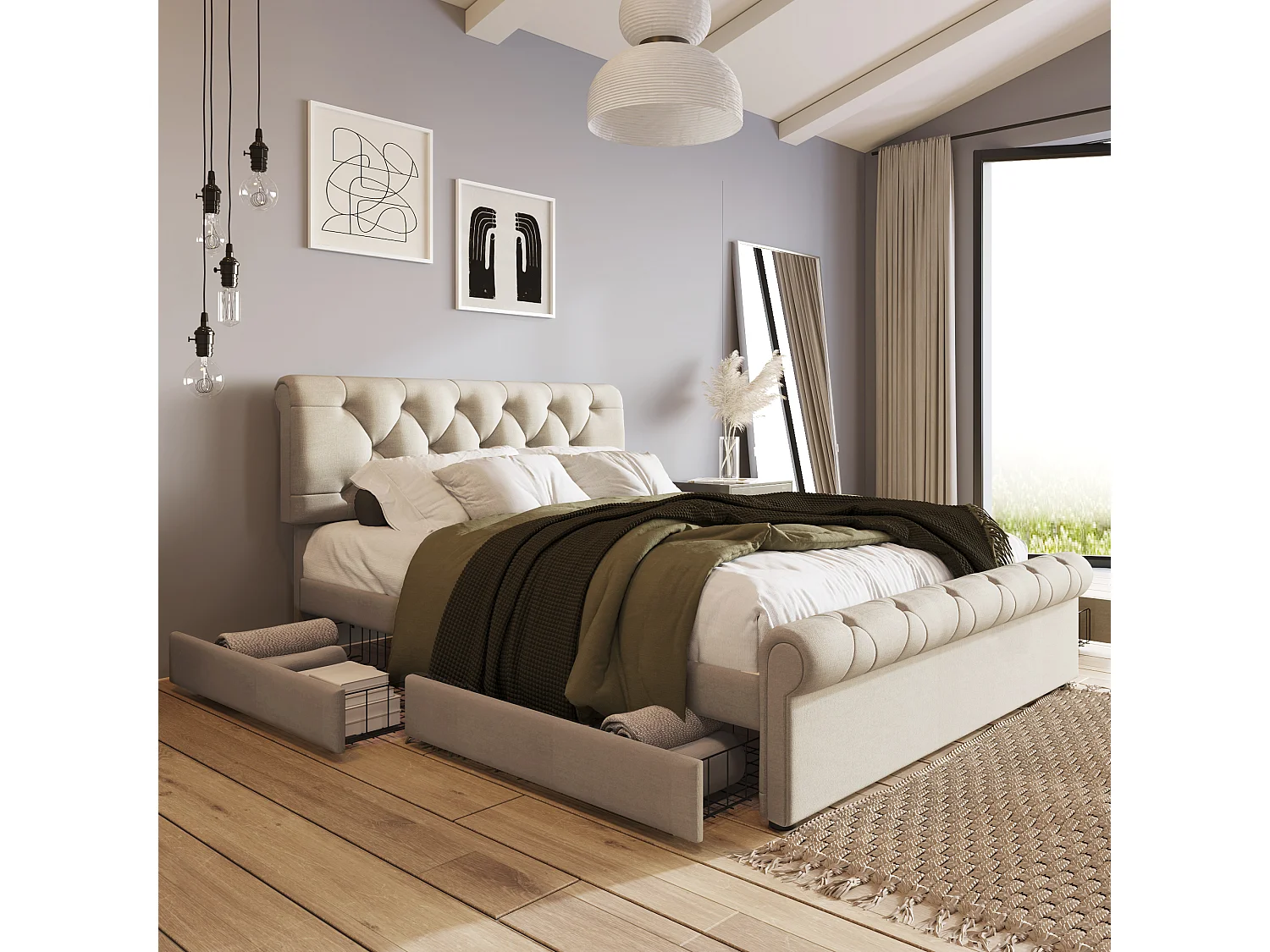 Łóżko 140 x 200 cm z wezgłowiem + 4 szuflady – tkanina lniana – kolor naturalny – Chesterfield 3039893