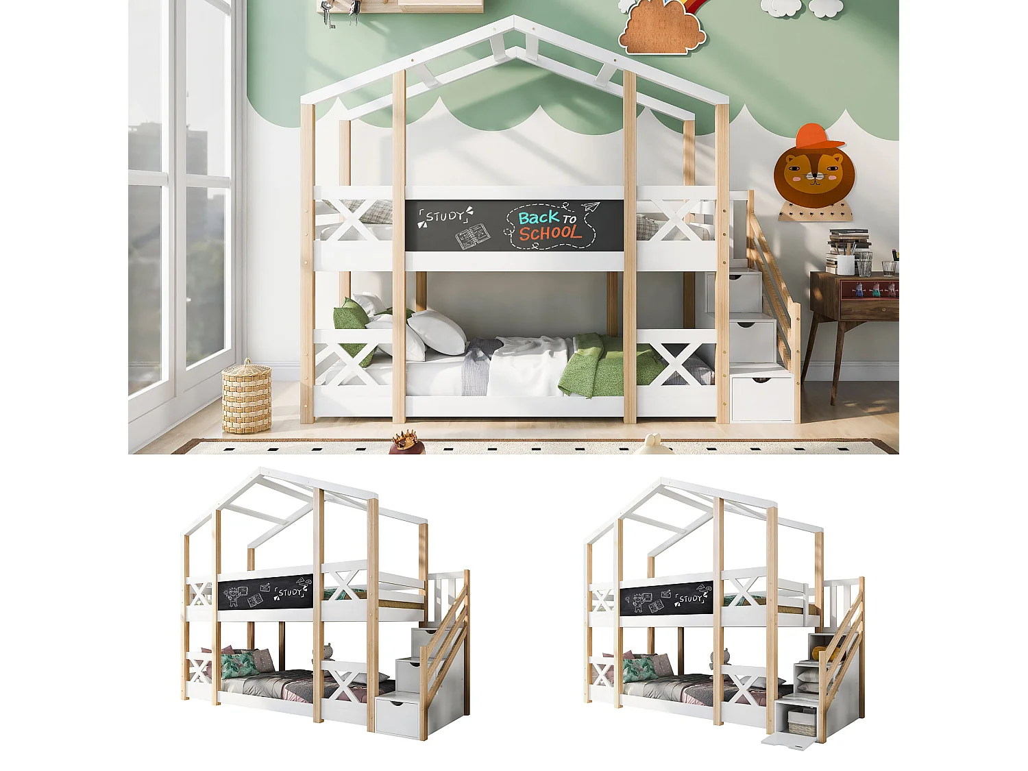 Łóżka piętrowe dziecięce 2 x 90 x 200 cm – łóżko kabinowe – szuflady + schodki – białe + naturalne 3039919