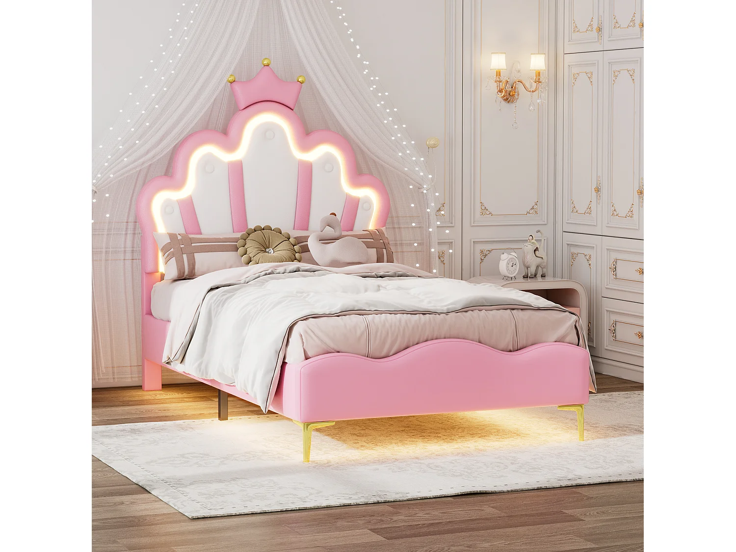 Łóżko 90x200 cm - różowy PU - łóżko młodzieżowe z oświetleniem LED - rama z listew - bez materaca 3061185 - obrazek 1