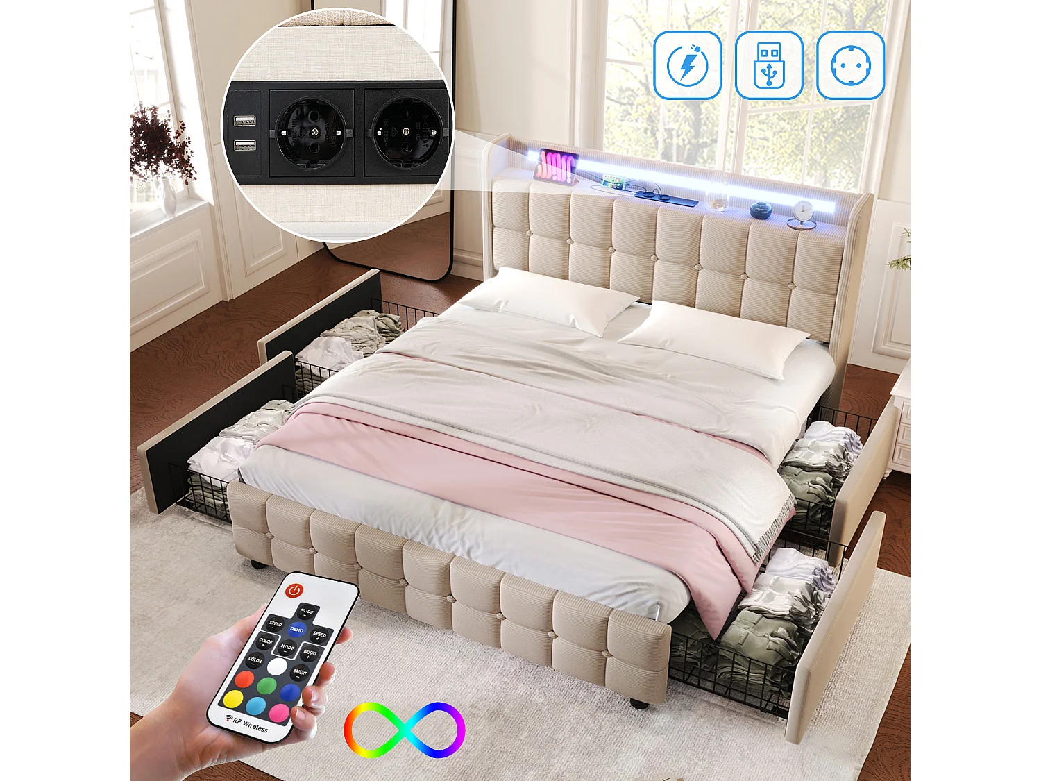 Łóżko 140x200 cm - beżowy len - łóżko młodzieżowe z oświetleniem LED i ładowaniem USB - 4 szuflady - bez materaca 3061225 - obrazek 1