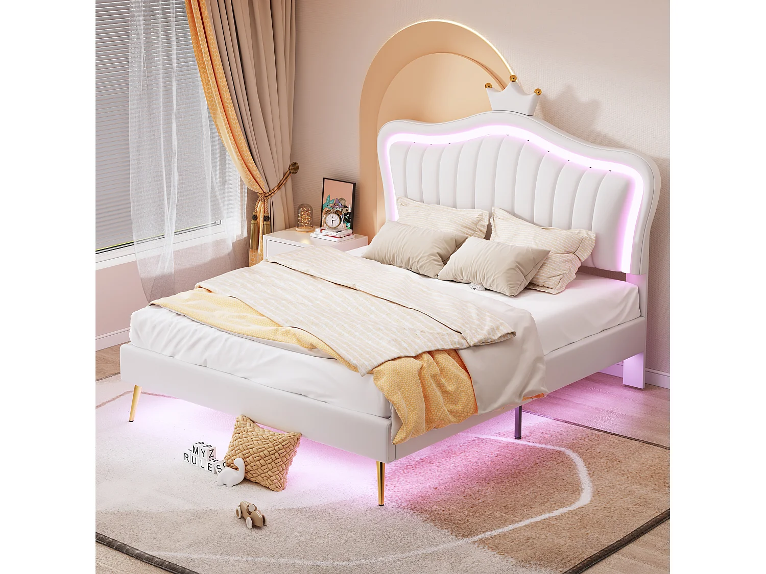 Łóżko 140x200 cm - białe PU - łóżko tapicerowane ze stelażem i oparciem - oświetlenie LED - bez materaca 3061230 - obrazek 1