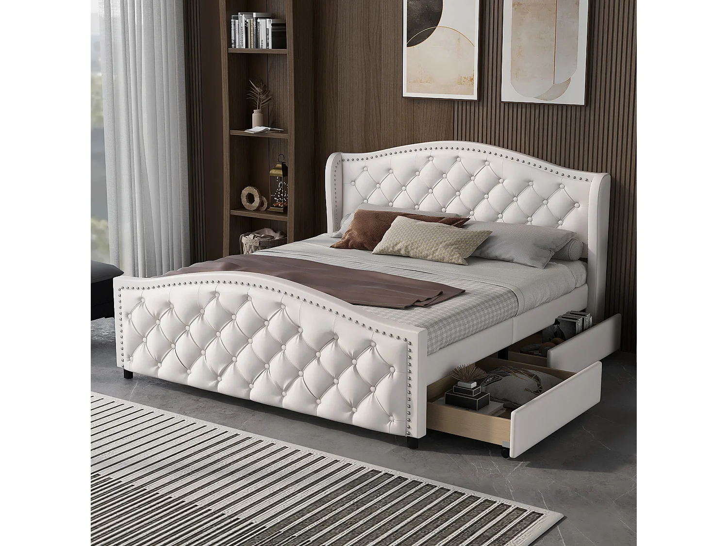 Łóżko 140×200 cm – biały PU – z 2 szufladami i nitowanym wezgłowiem – bez materaca 3061544