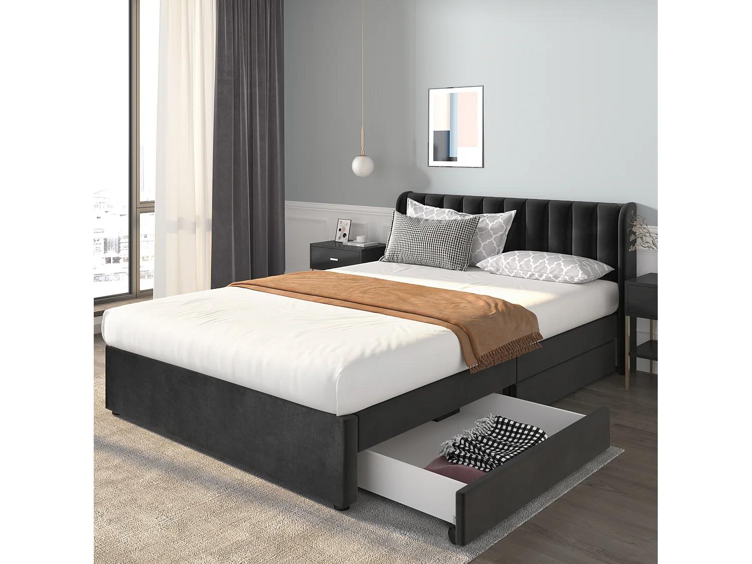 Łóżko 140×200 cm – czarny aksamit – łóżko dla dorosłych z ramą z listew i 2 szufladami – bez materaca 3061548
