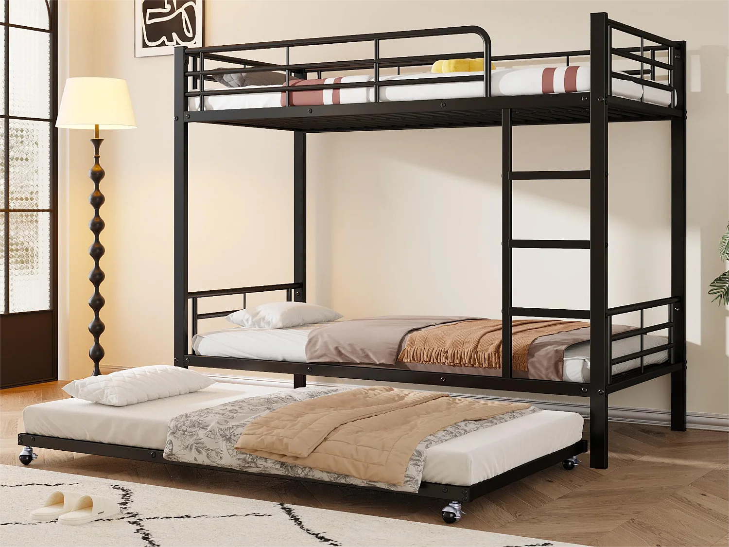 Łóżka piętrowe 2 x 90 x 200 cm + łóżko wysuwane 90 x 190 cm – metalowe – czarne 3094902