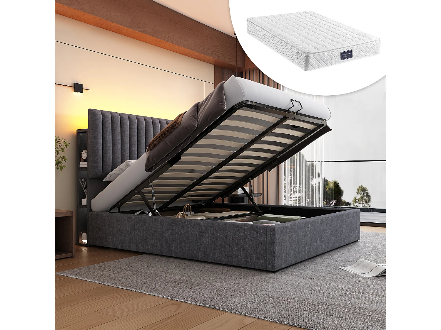 Łóżko 160 x 200 cm z pojemnikiem, 4 szufladami i gniazdem USB C - regulowany zagłówek - Szare + Materac 3144650 - obrazek 1