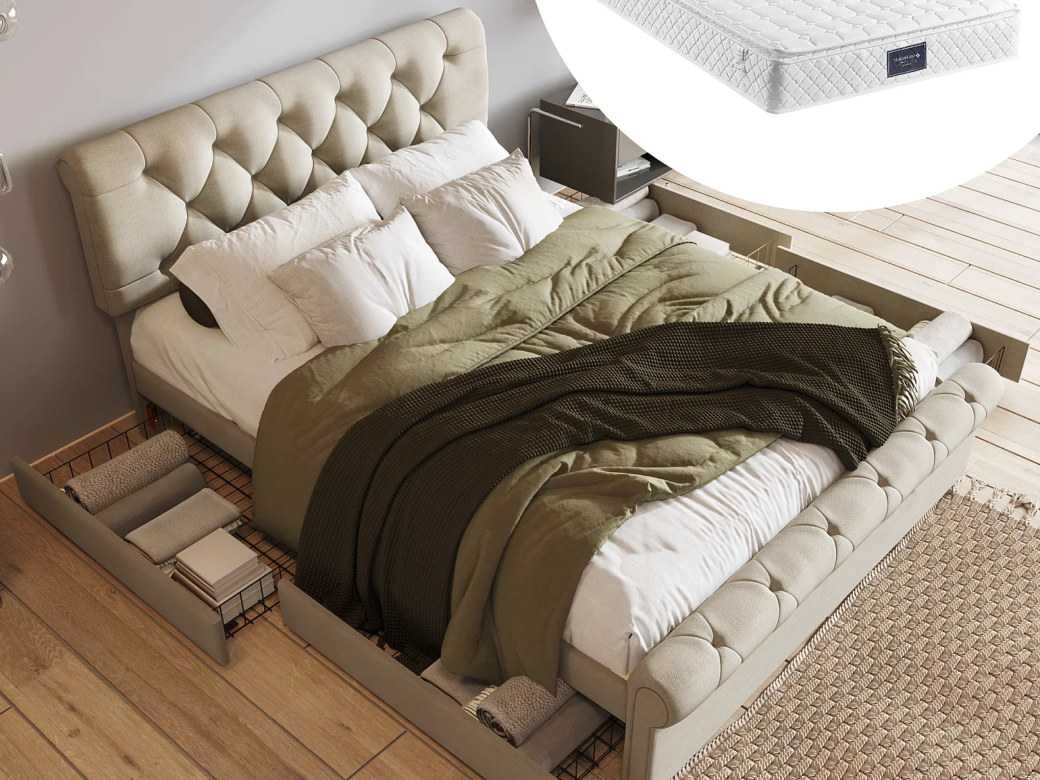 Łóżko 140 x 200 cm z wezgłowiem + 4 szuflady – tkanina lniana – kolor naturalny – Chesterfield + Materac 3144599