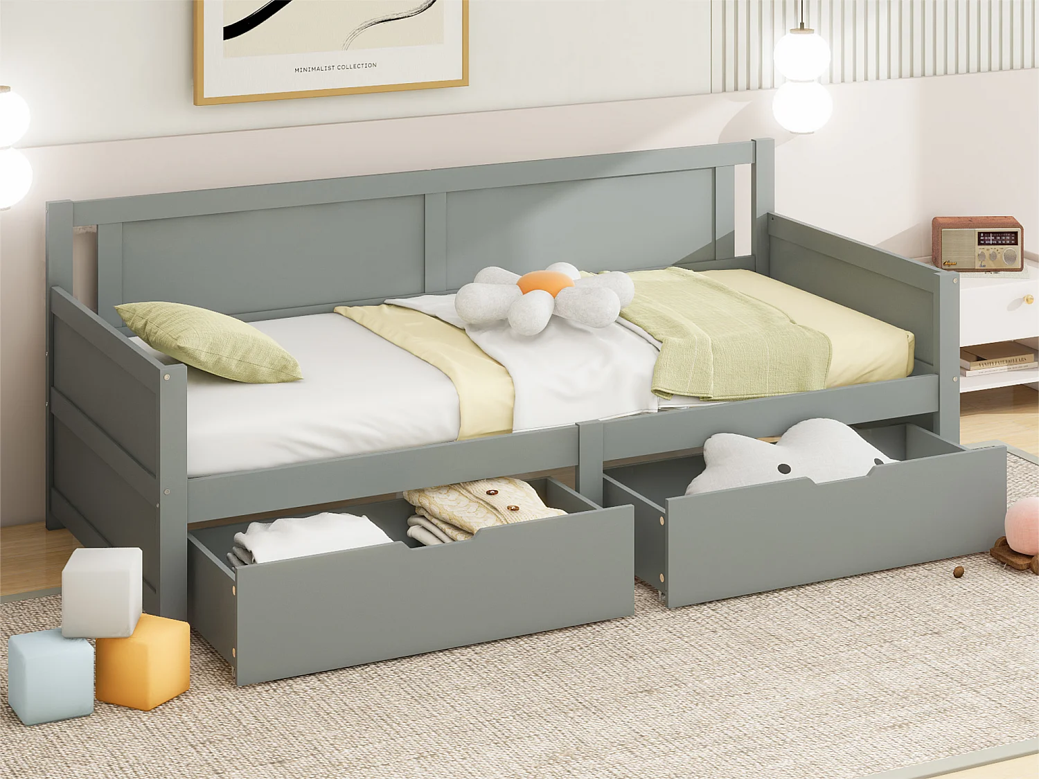 Łóżko banquette 90x200cm – z 2 szufladami – z litego drewna – Szare 3183427