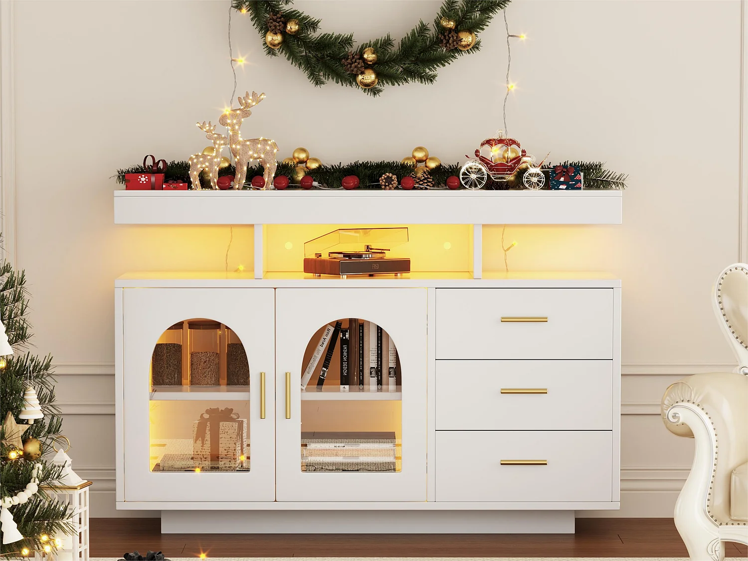 Bufet, szafka kuchenna z LED - 3 szuflady i 2 drzwi - Biały 3223154 - obrazek 1