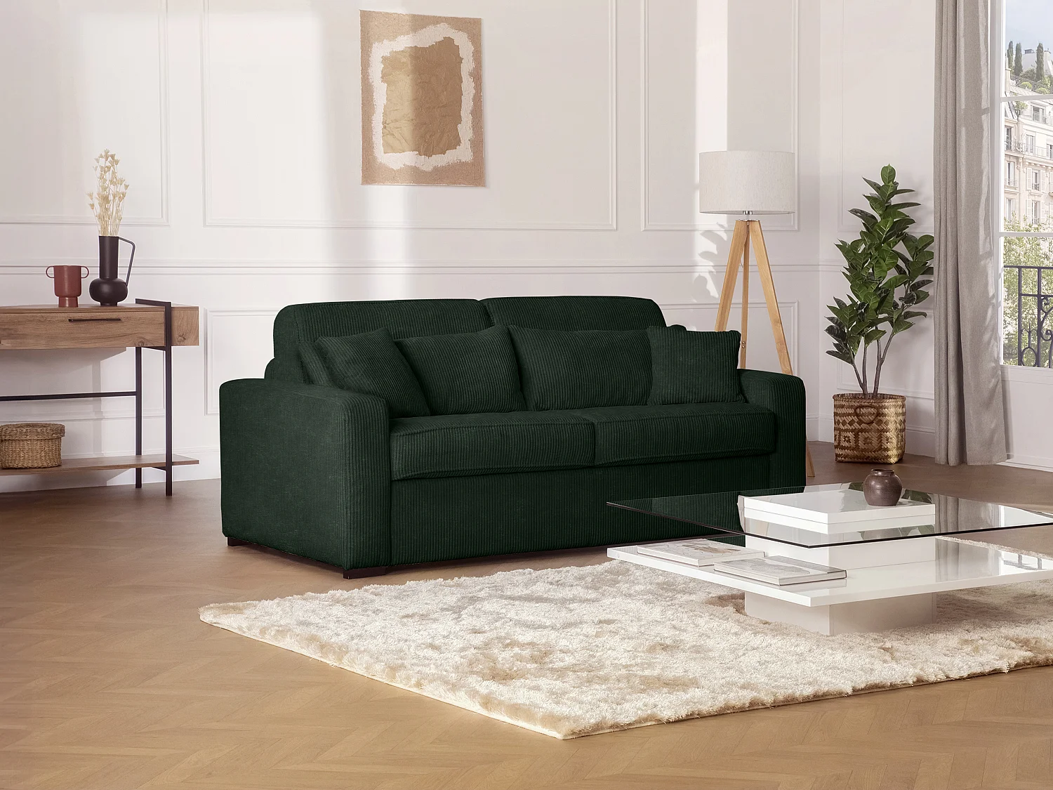 Kanapa 4 osobowa rozkładana typu express z zielonego sztruksu - Miejsce do spania 160 cm - Materac 16 cm - MONDOVI 1659039 - obrazek 1