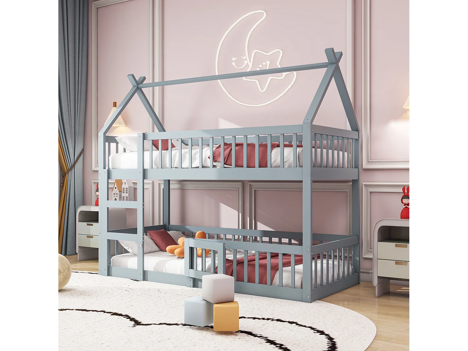 Łóżka piętrowe 2 x 90 x 200 cm z drzwiami i barierkami – Drewno MDF – Stelaż listwowy – Szary 3275951