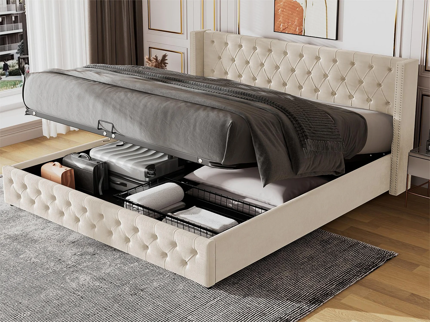 Łóżko 140x190cm z weluru z stelażem na listwy – beżowe 3277326