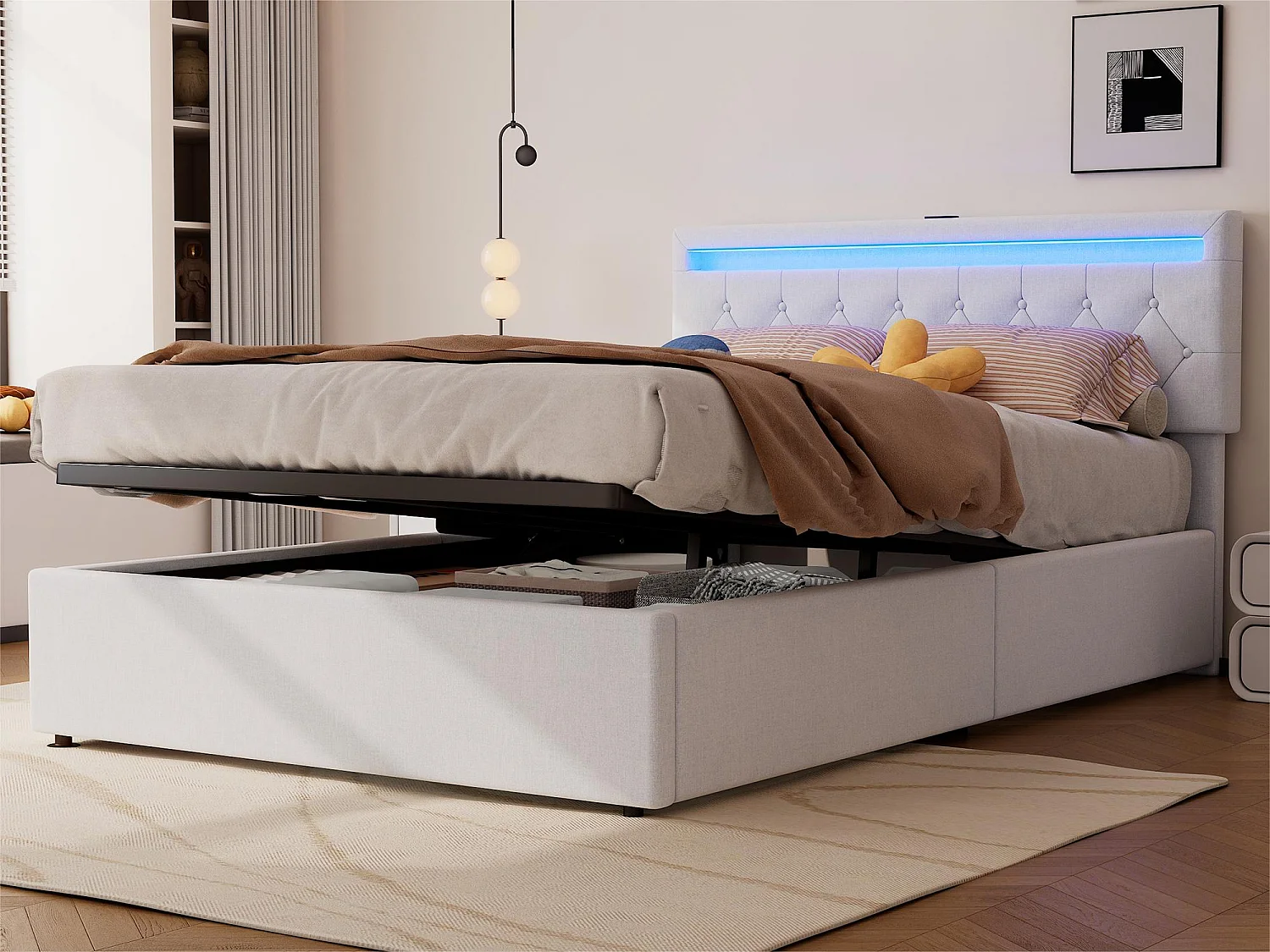Łóżko 140×200 cm z tkaniny lnianej z LED – gniazda USB i Type-C na łóżku – z stelażem na listwy – Białe 3290429