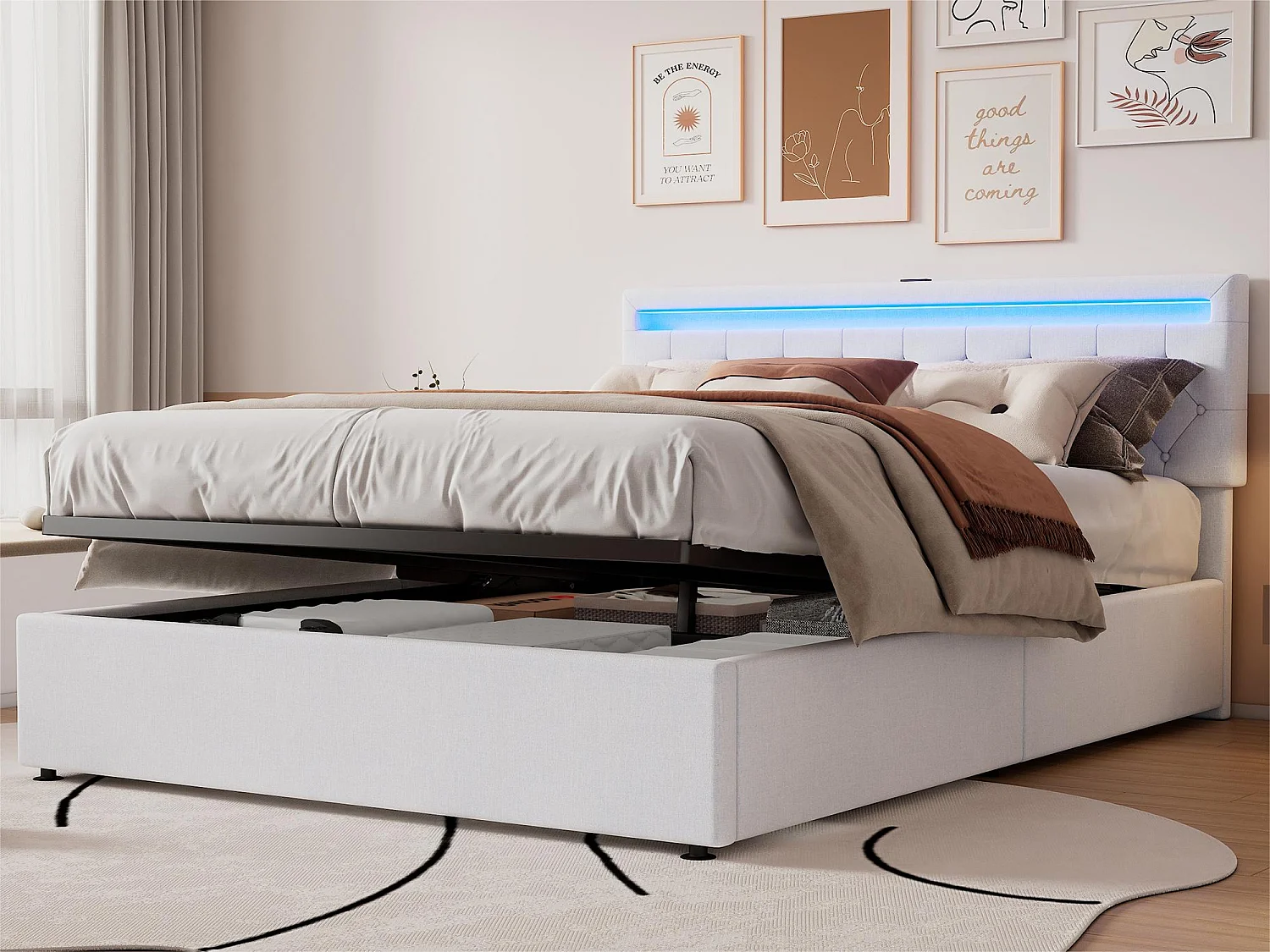 Łóżko 160x200 cm z tkaniny lnianej z LED - gniazda USB i Type-C na łóżku - z stelażem na listwy - Białe 3290431 - obrazek 1