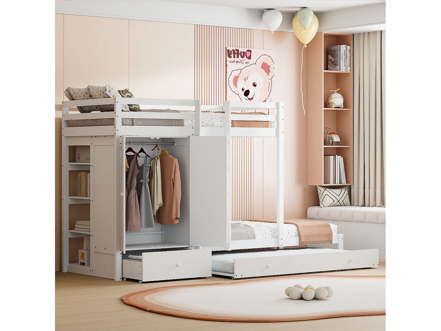 Łóżka piętrowe 2 x 90 x 200 cm z łóżkiem wysuwanym 190 x 90 cm – Szafa, szuflada i półki do przechowywania – Drewno sosnowe i płyta MDF – Kolor biały 3295274