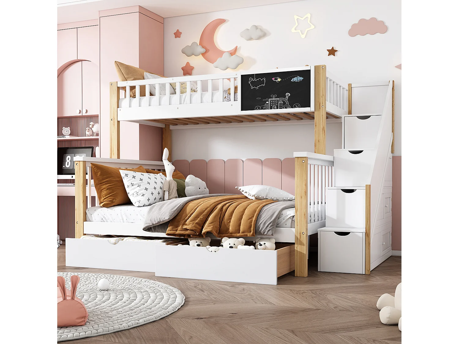 Łóżka piętrowe 90 x 200 cm + 140 x 200 cm dla dzieci z 6 szufladami i tablicą – lite drewno + płyta MDF – kolory biały i dąb 3295293