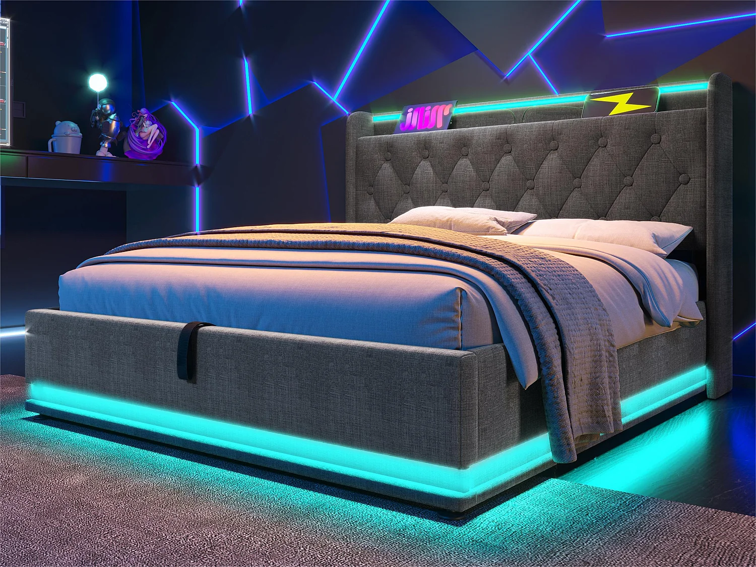 Łóżko 140x200cm z lnu – z LED i gniazdami USB oraz Type-C – Szare 3295732